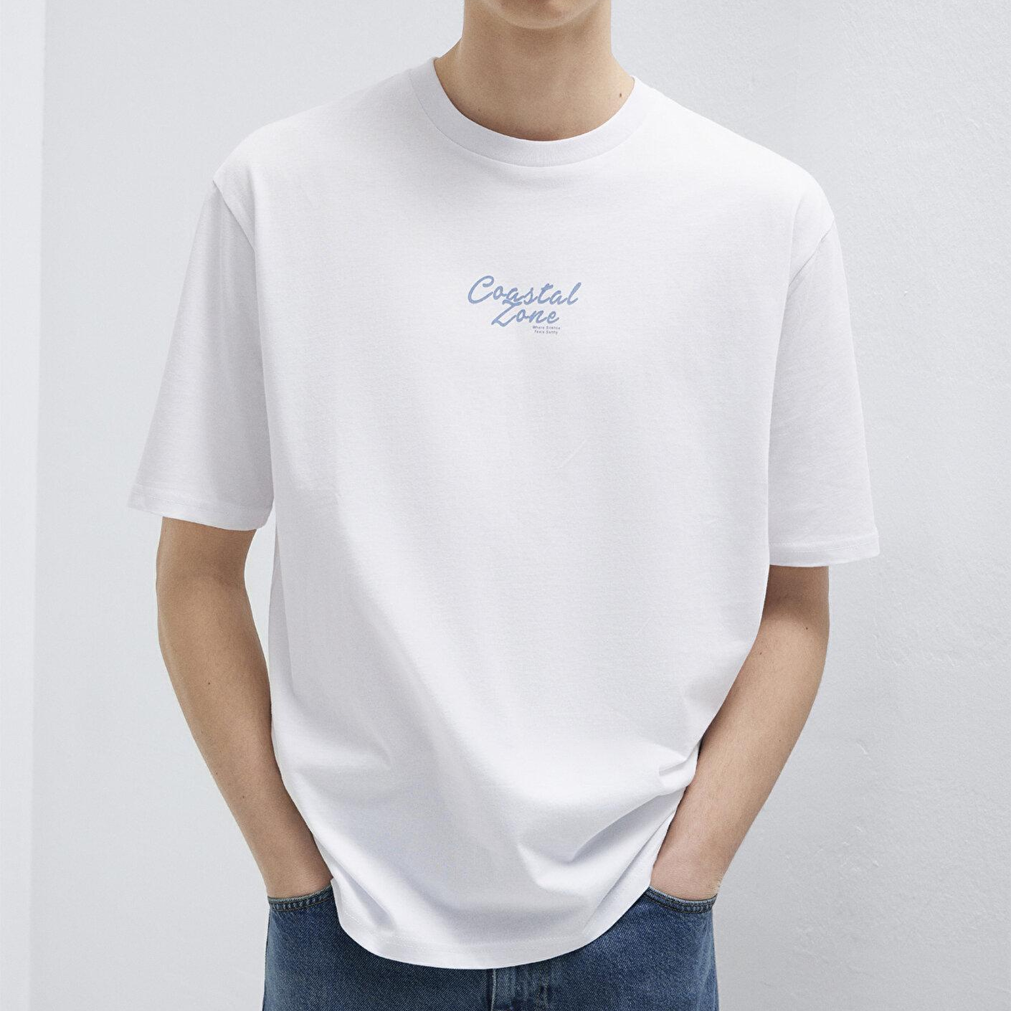 Mavi Baskılı Beyaz Tişört Relaxed Fit / Rahat Kesim 0613290-620