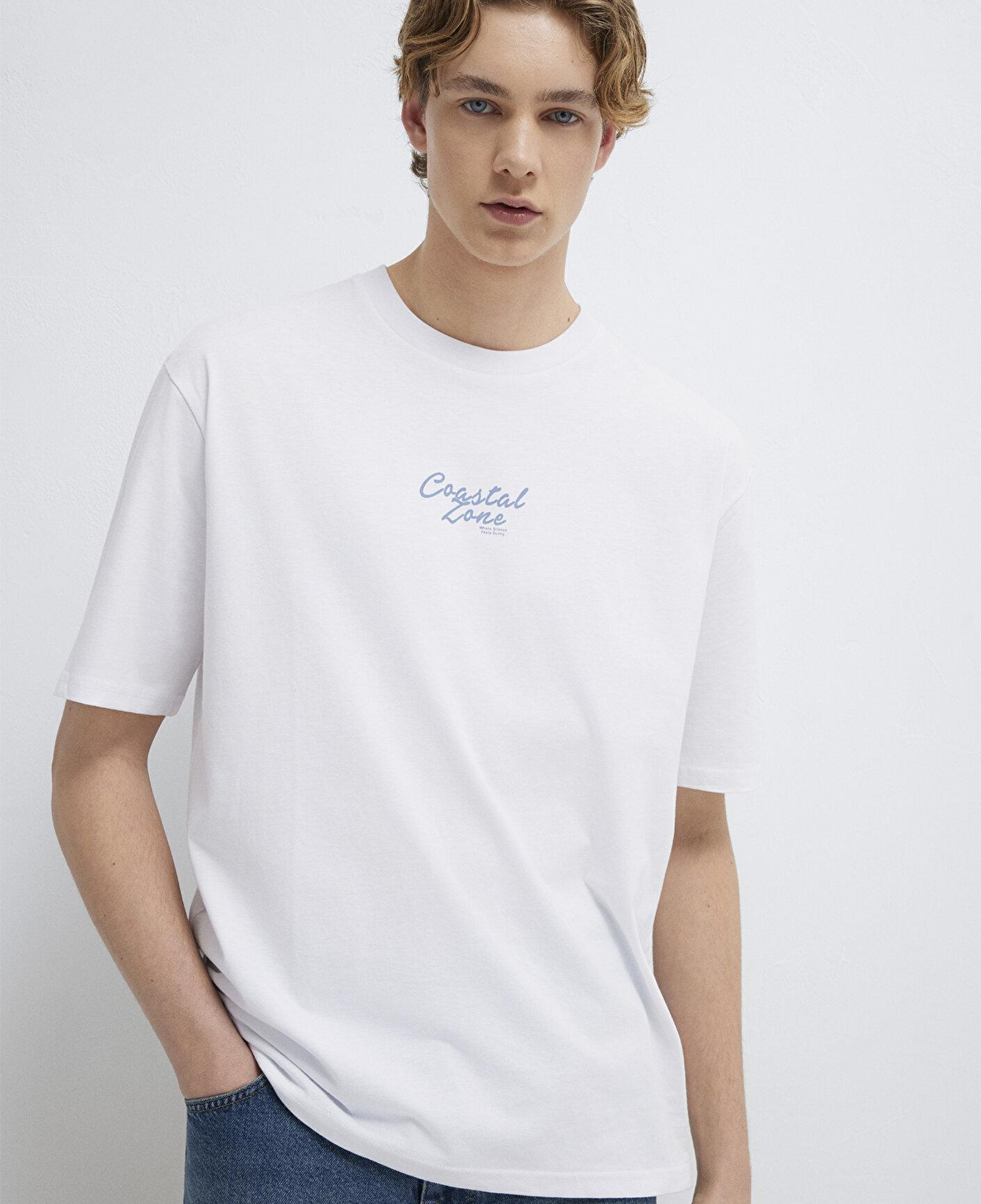 Mavi Baskılı Beyaz Tişört Relaxed Fit / Rahat Kesim 0613290-620