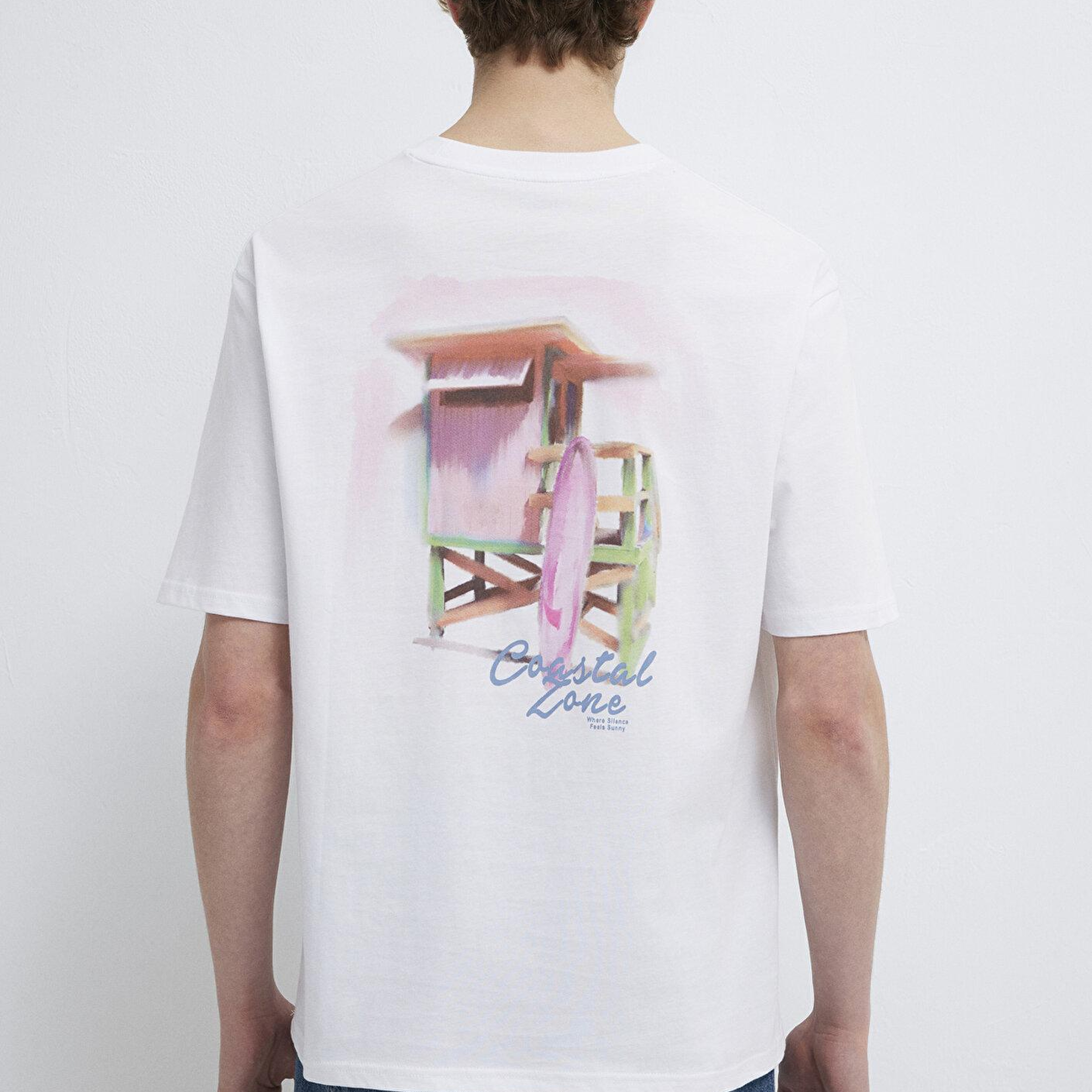 Mavi Baskılı Beyaz Tişört Relaxed Fit / Rahat Kesim 0613290-620