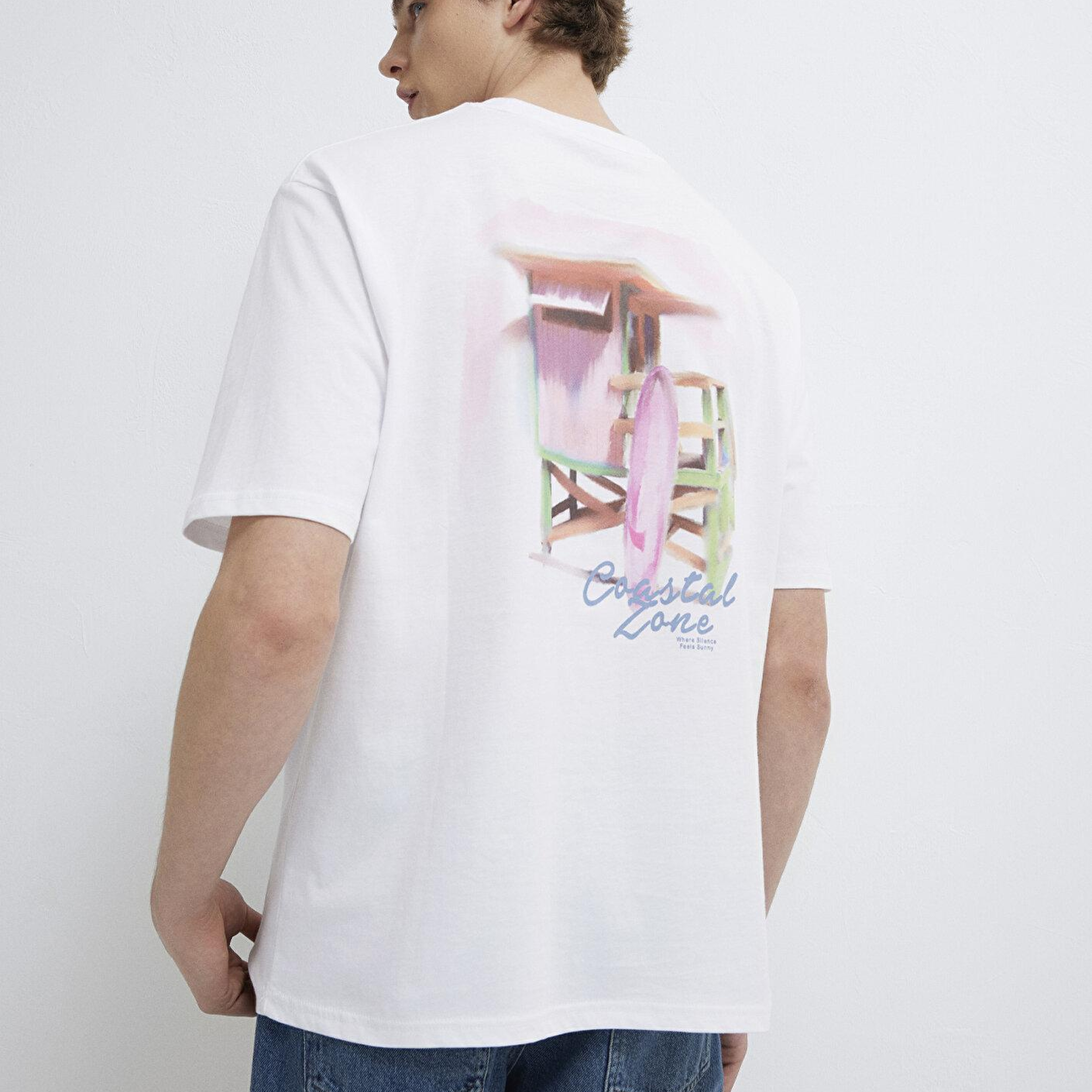 Mavi Baskılı Beyaz Tişört Relaxed Fit / Rahat Kesim 0613290-620