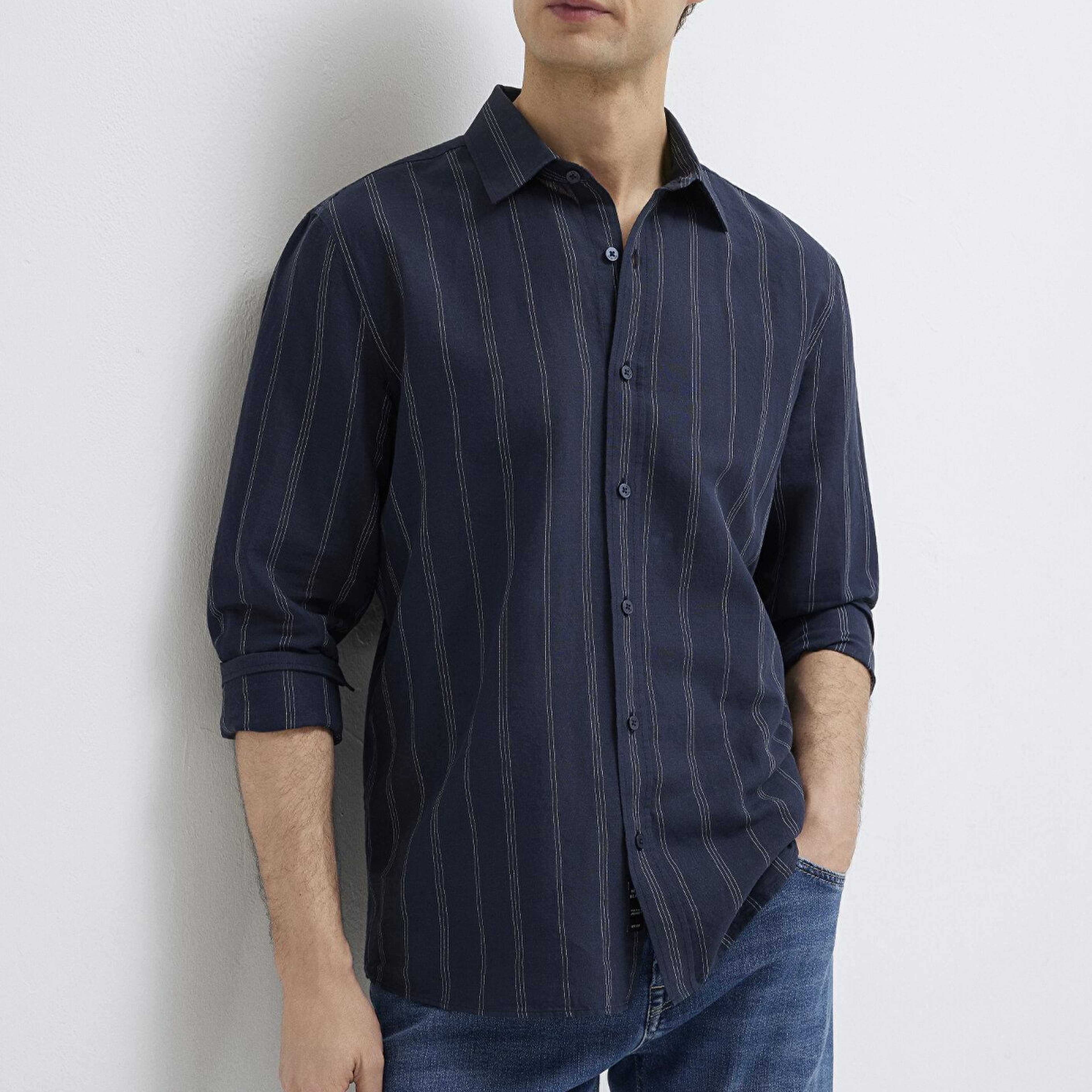 Mavi Keten Karışımlı Lacivert Gömlek Regular Fit / Normal Kesim 0211979-91592