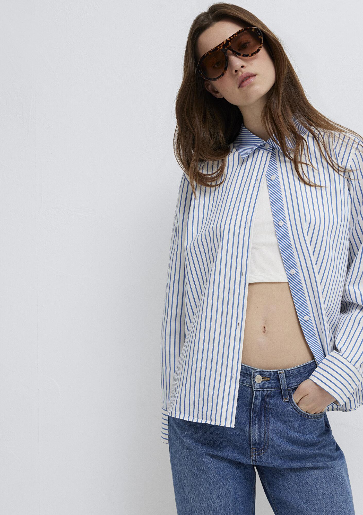 Mavi Çizgili Gömlek Loose Fit / Bol Rahat Kesim 1211454-84005