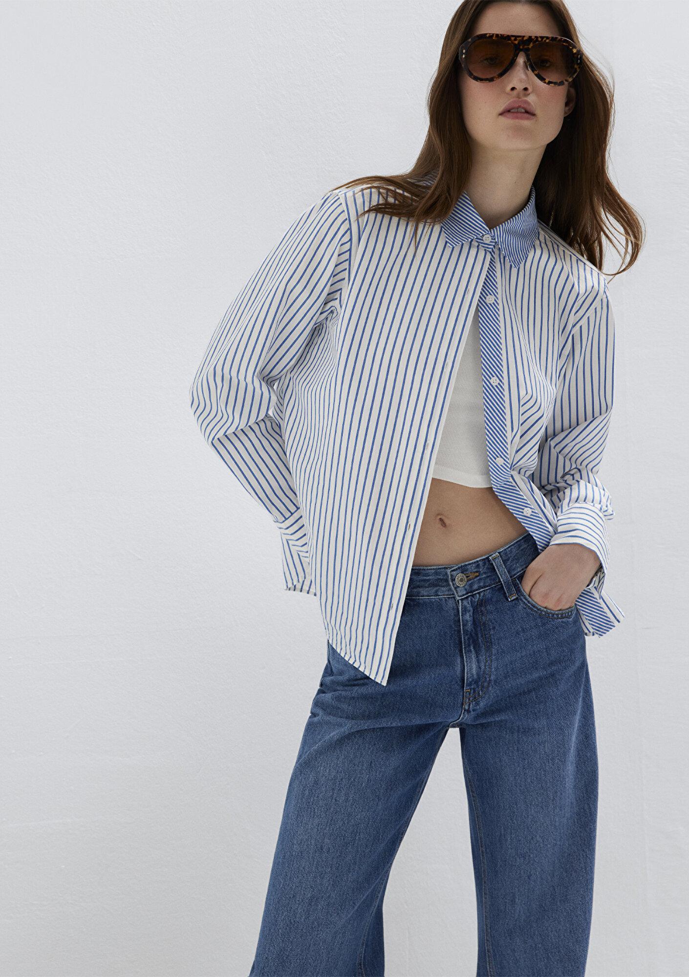 Mavi Çizgili Gömlek Loose Fit / Bol Rahat Kesim 1211454-84005