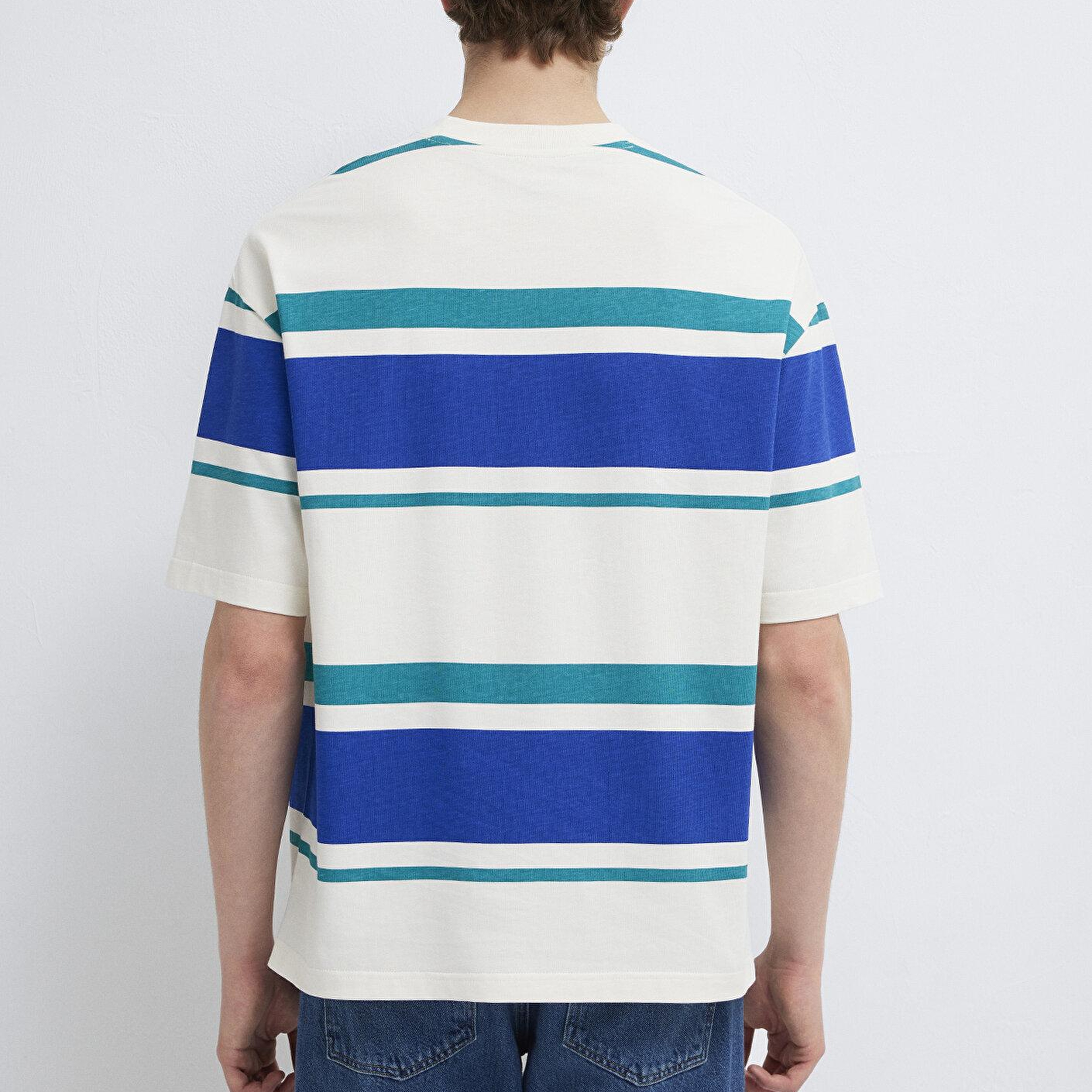 Mavi Blok Çizgili Ekru Tişört Oversize / Geniş Kesim 0613331-70057