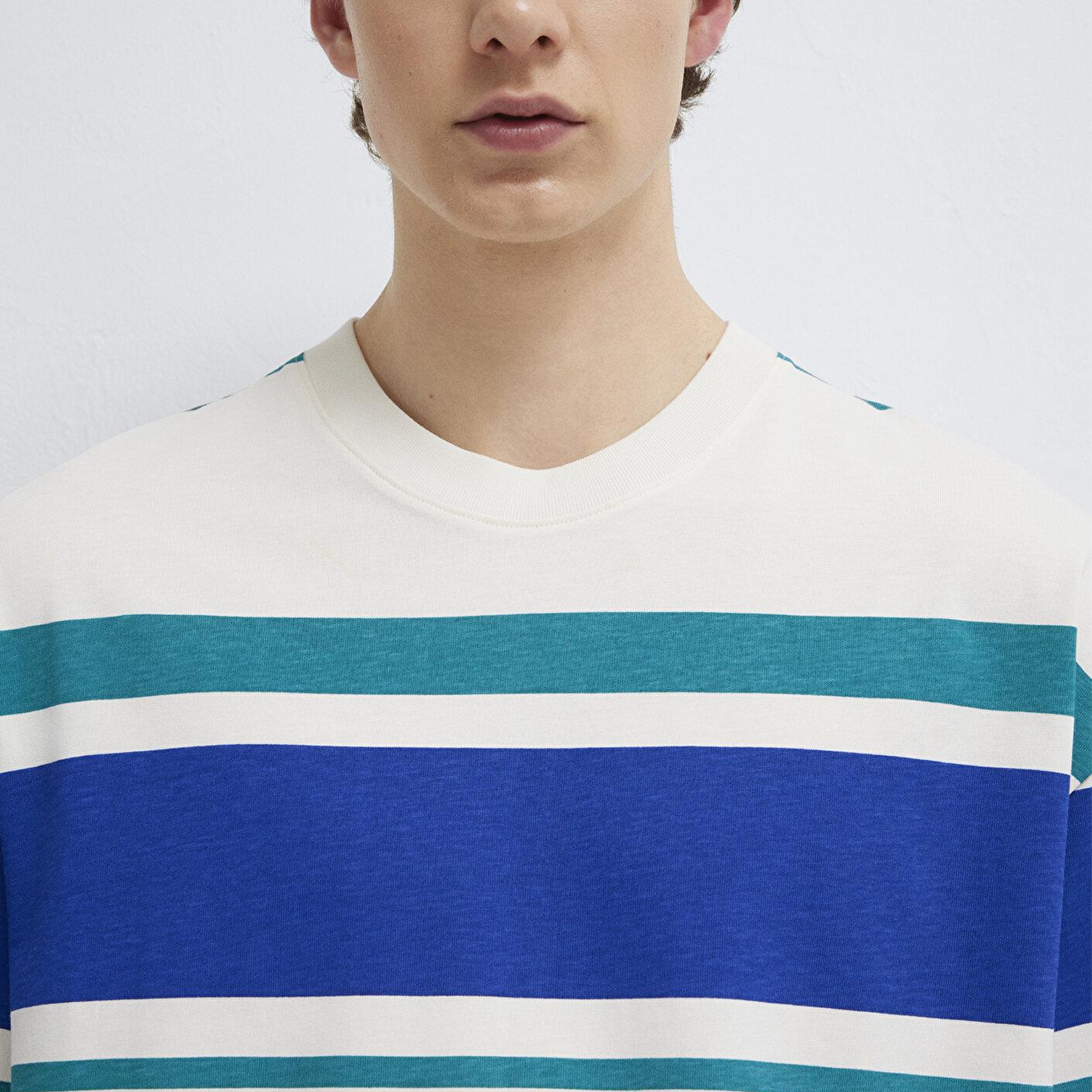 Mavi Blok Çizgili Ekru Tişört Oversize / Geniş Kesim 0613331-70057