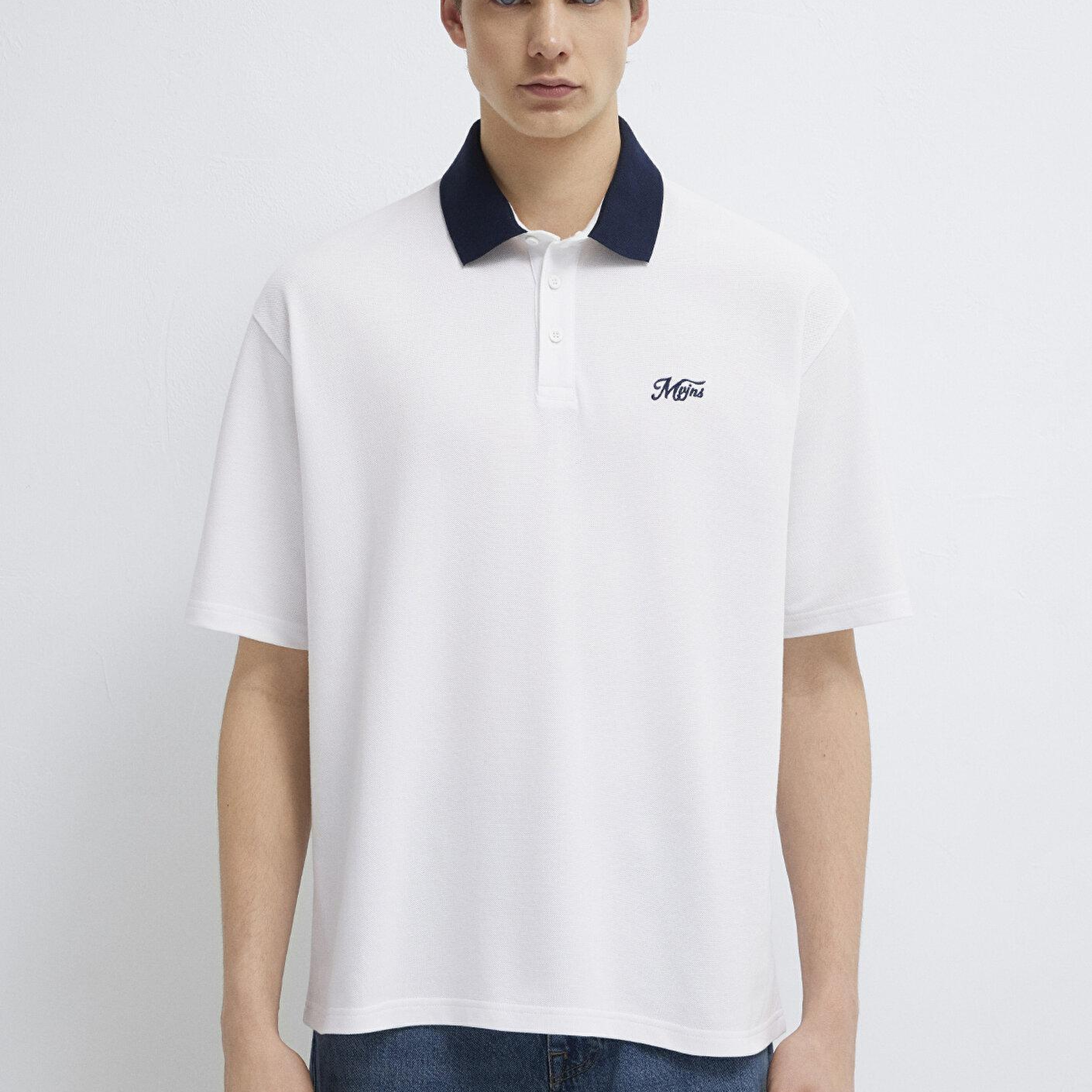 Mavi Yaka Detaylı Beyaz Polo Tişört Relaxed Fit / Rahat Kesim 0613330-620