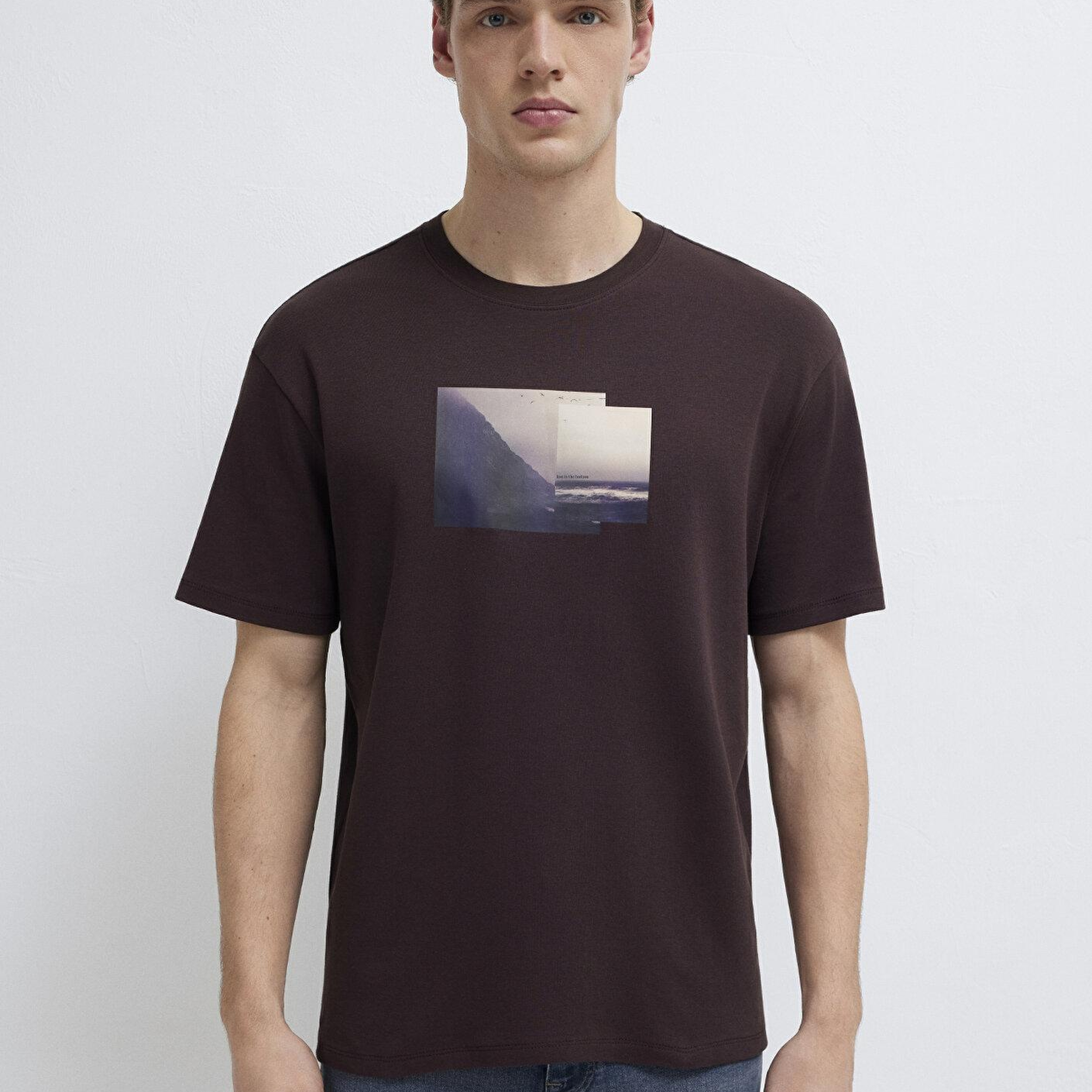 Mavi Baskılı Kahverengi Tişört Loose Fit / Bol Rahat Kesim 0613603-88083