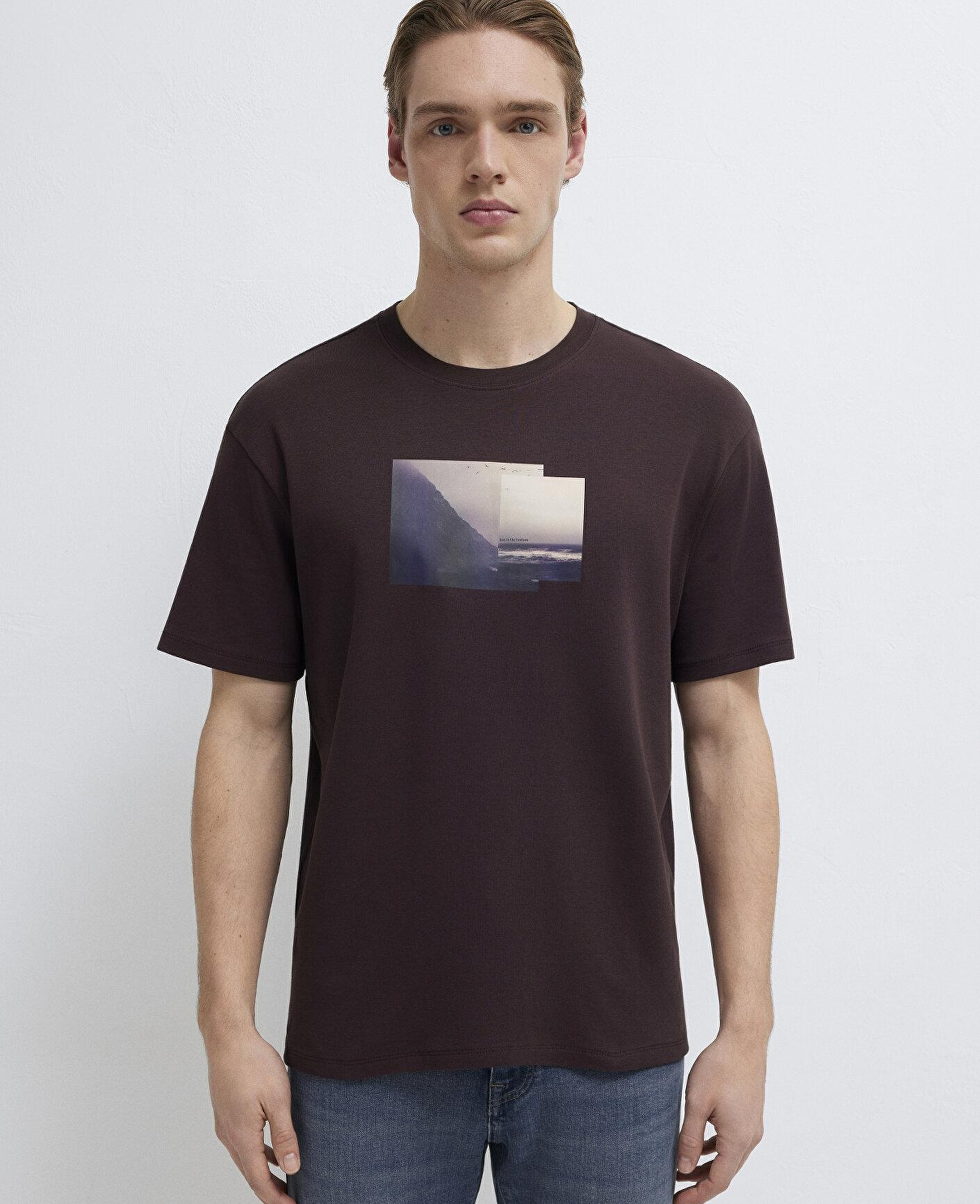 Mavi Baskılı Kahverengi Tişört Loose Fit / Bol Rahat Kesim 0613603-88083