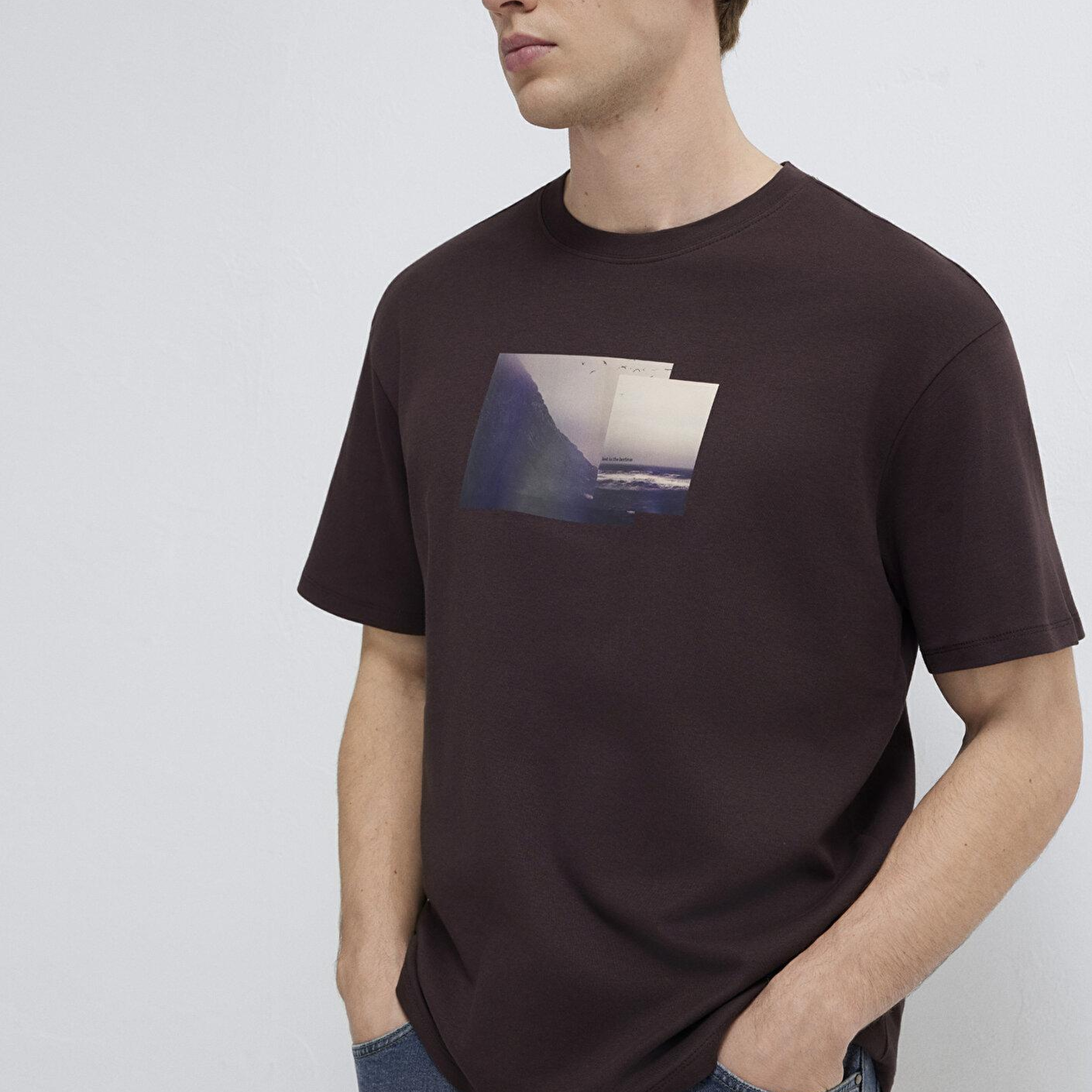 Mavi Baskılı Kahverengi Tişört Loose Fit / Bol Rahat Kesim 0613603-88083