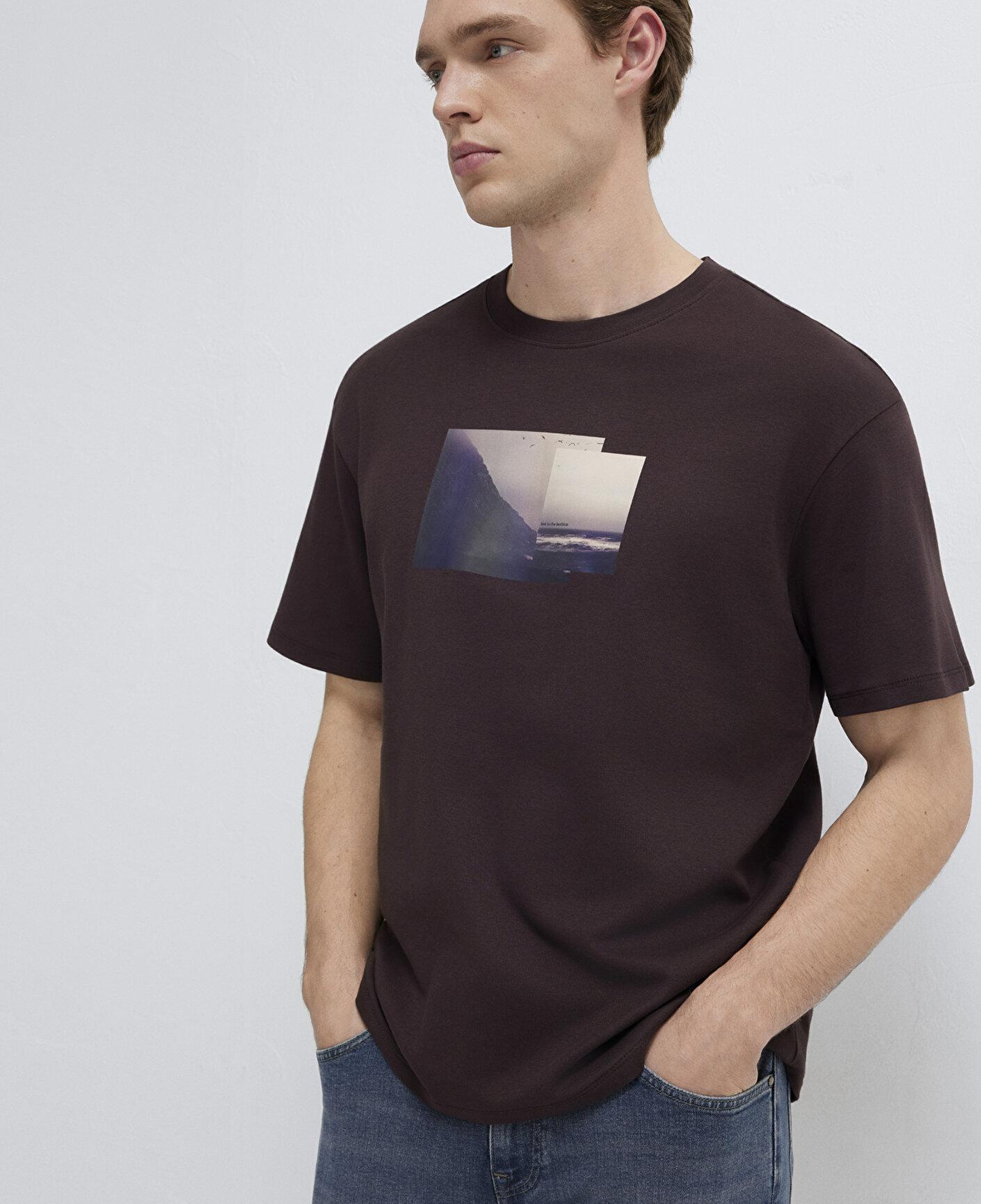 Mavi Baskılı Kahverengi Tişört Loose Fit / Bol Rahat Kesim 0613603-88083