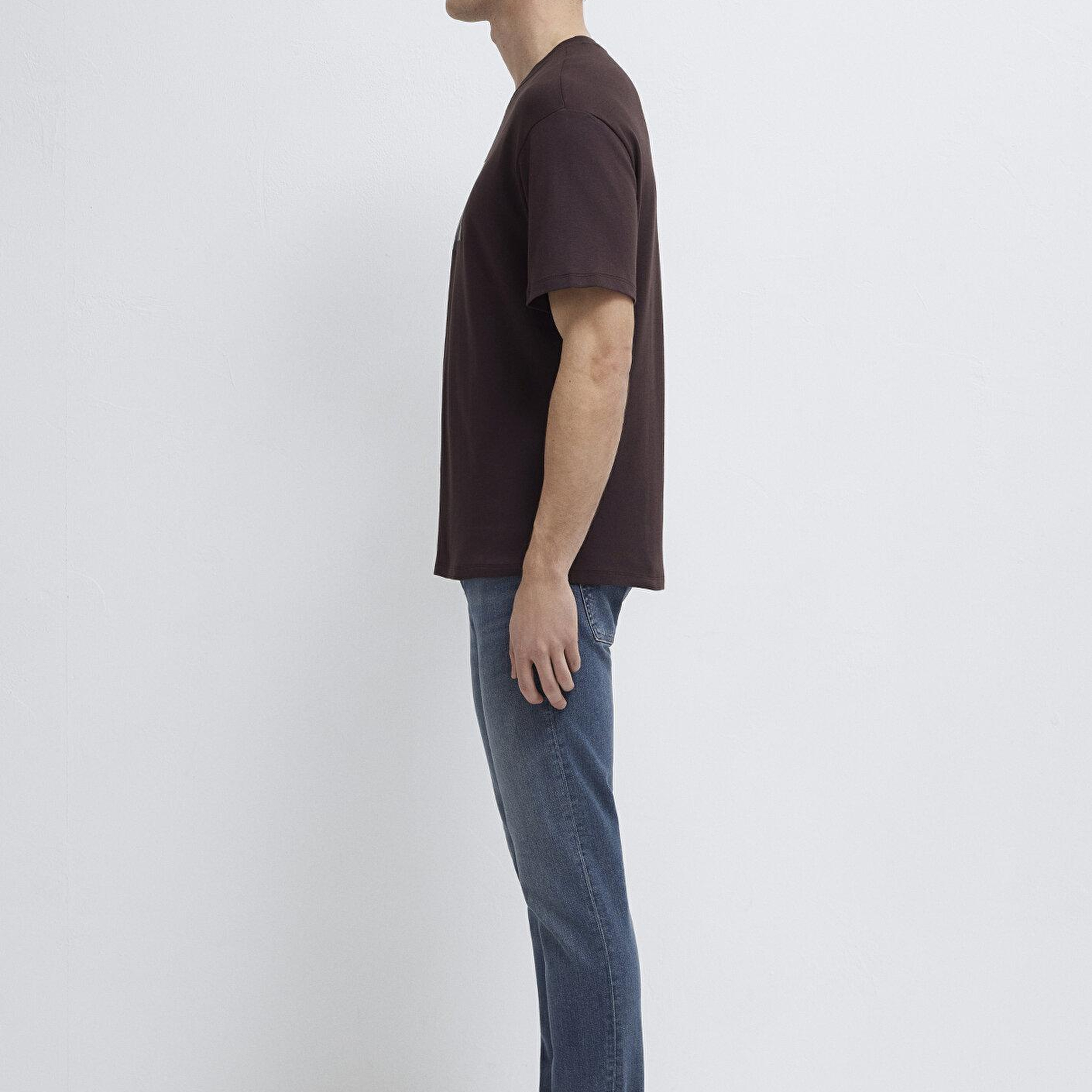 Mavi Baskılı Kahverengi Tişört Loose Fit / Bol Rahat Kesim 0613603-88083