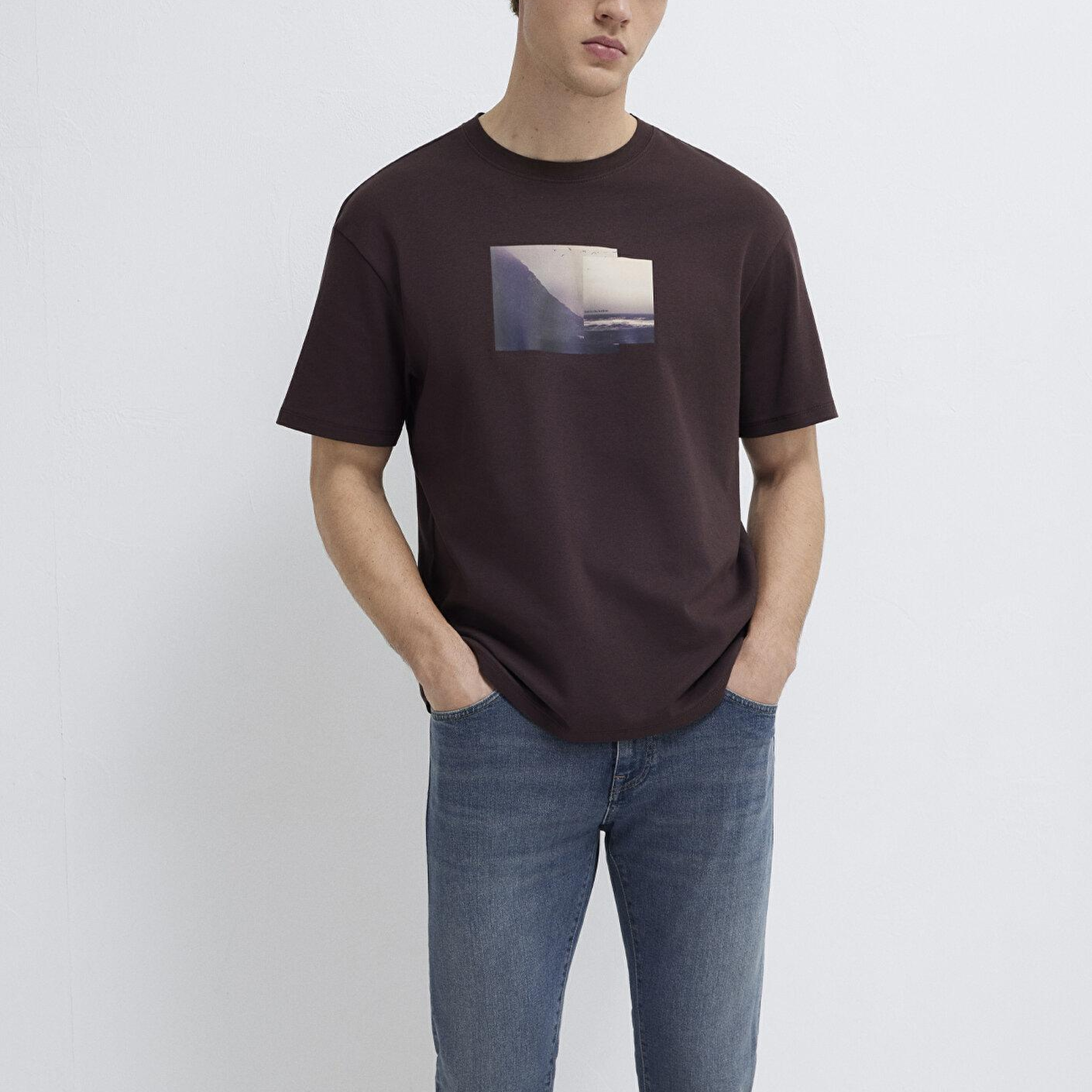 Mavi Baskılı Kahverengi Tişört Loose Fit / Bol Rahat Kesim 0613603-88083