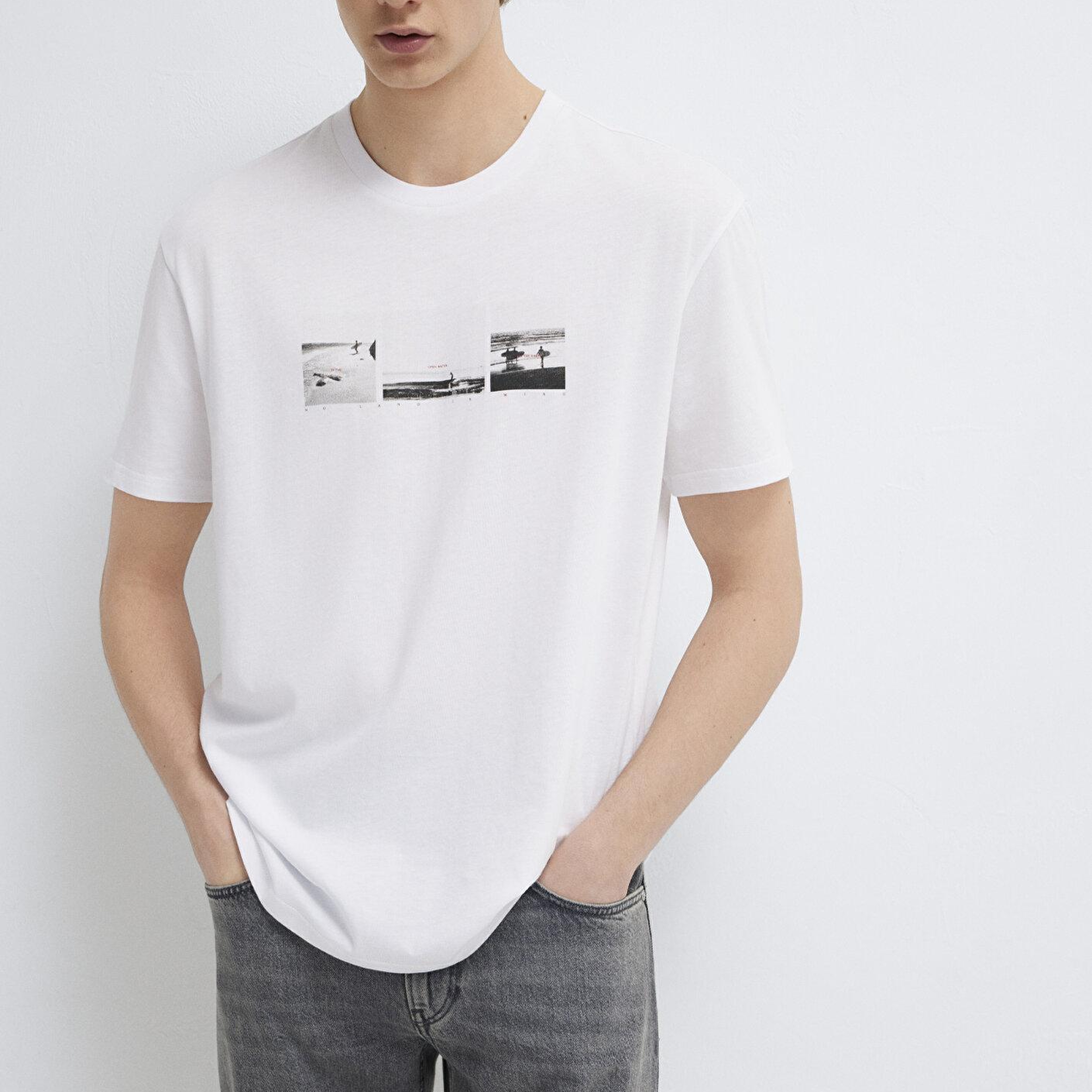 Mavi Baskılı Beyaz Tişört Loose Fit / Bol Rahat Kesim 0613629-620