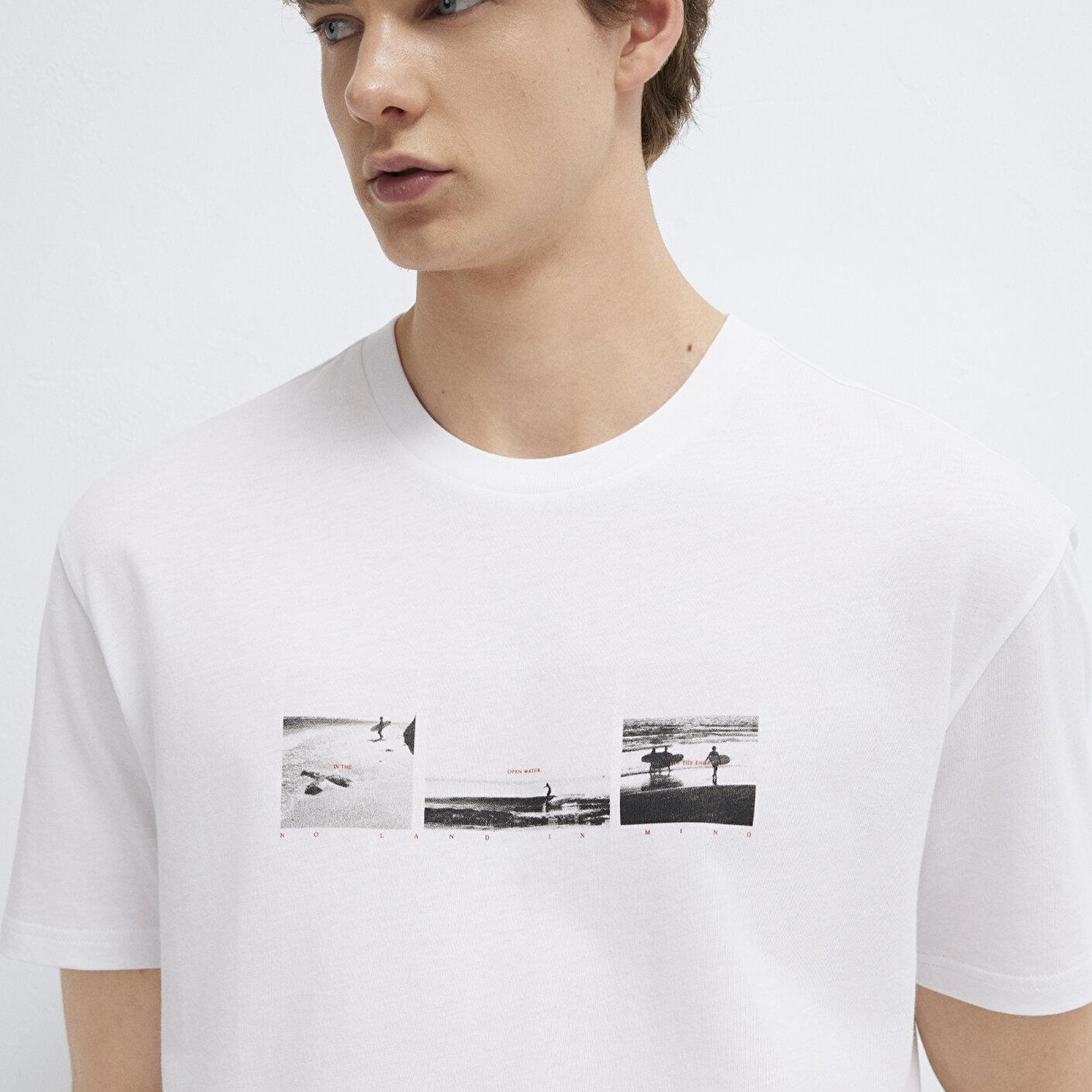 Mavi Baskılı Beyaz Tişört Loose Fit / Bol Rahat Kesim 0613629-620