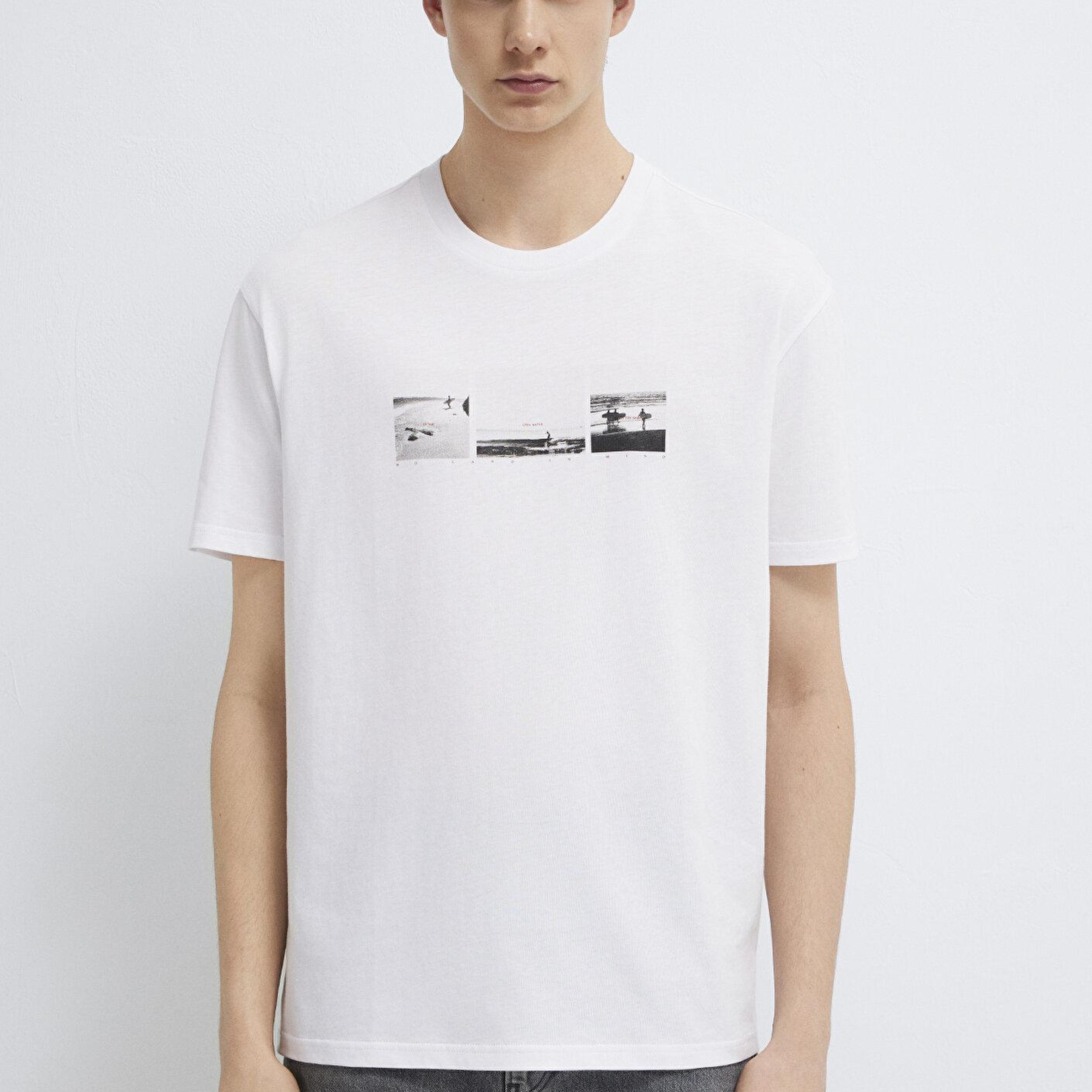 Mavi Baskılı Beyaz Tişört Loose Fit / Bol Rahat Kesim 0613629-620