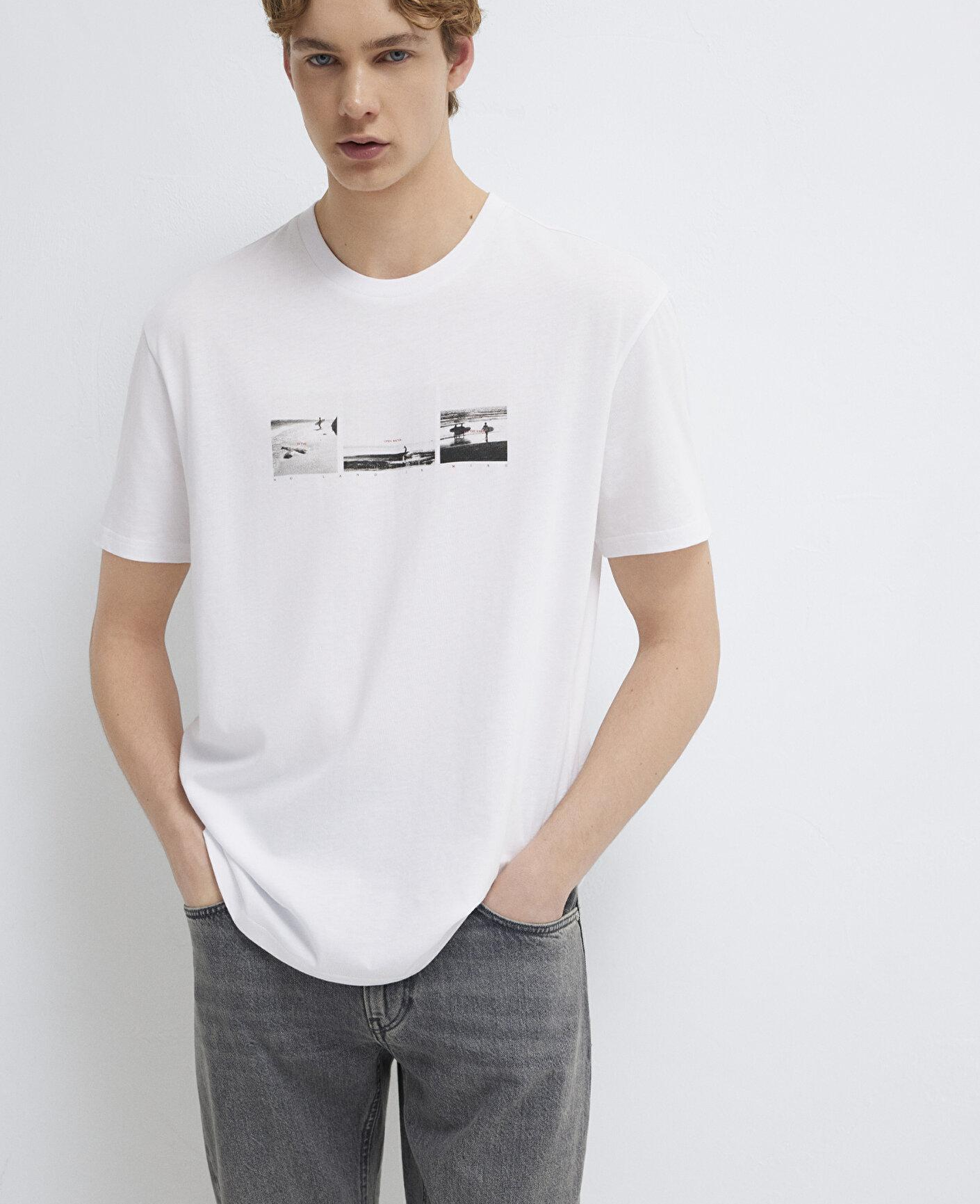 Mavi Baskılı Beyaz Tişört Loose Fit / Bol Rahat Kesim 0613629-620