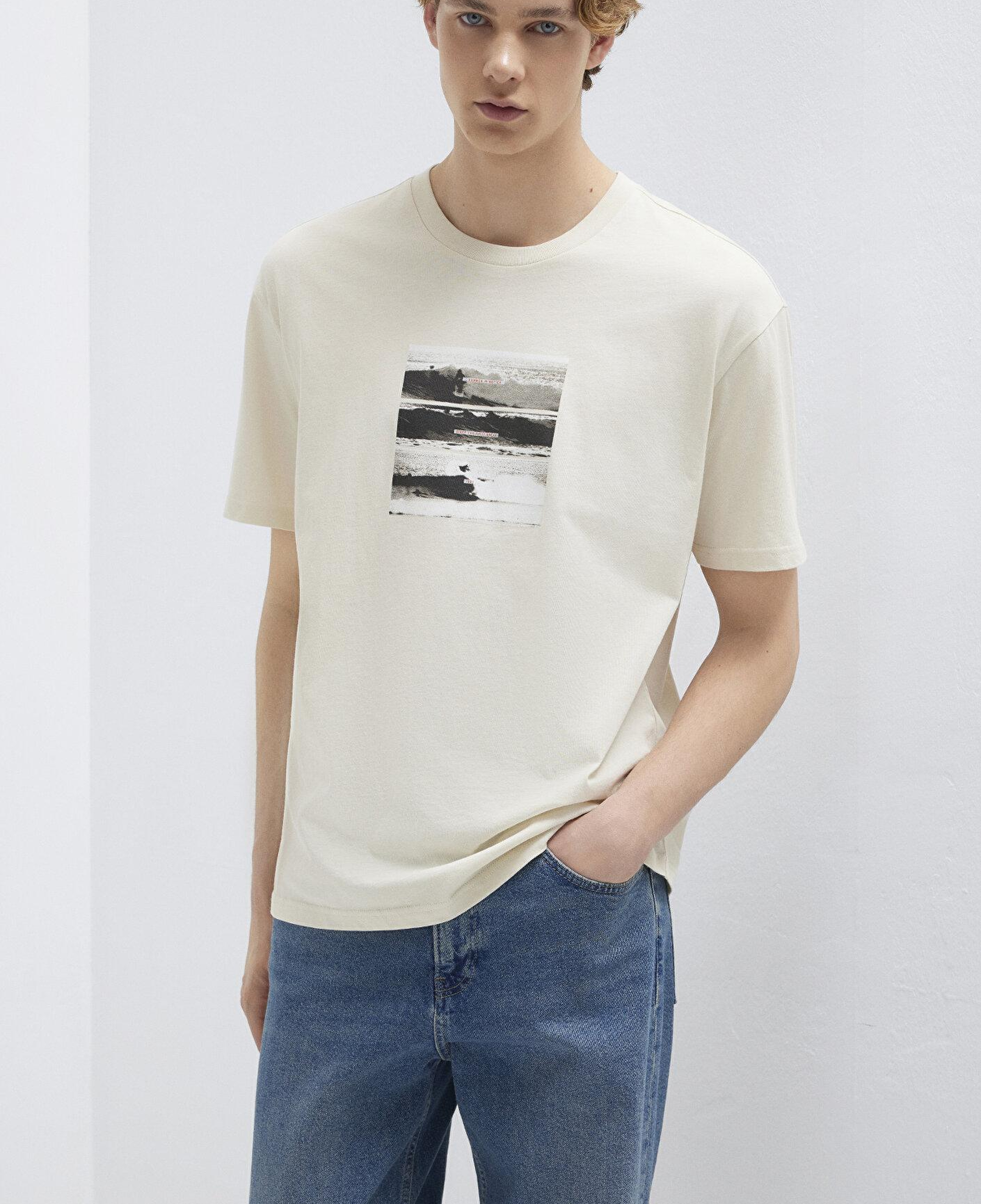 Mavi Baskılı Bej Tişört Loose Fit / Bol Rahat Kesim 0613630-70134