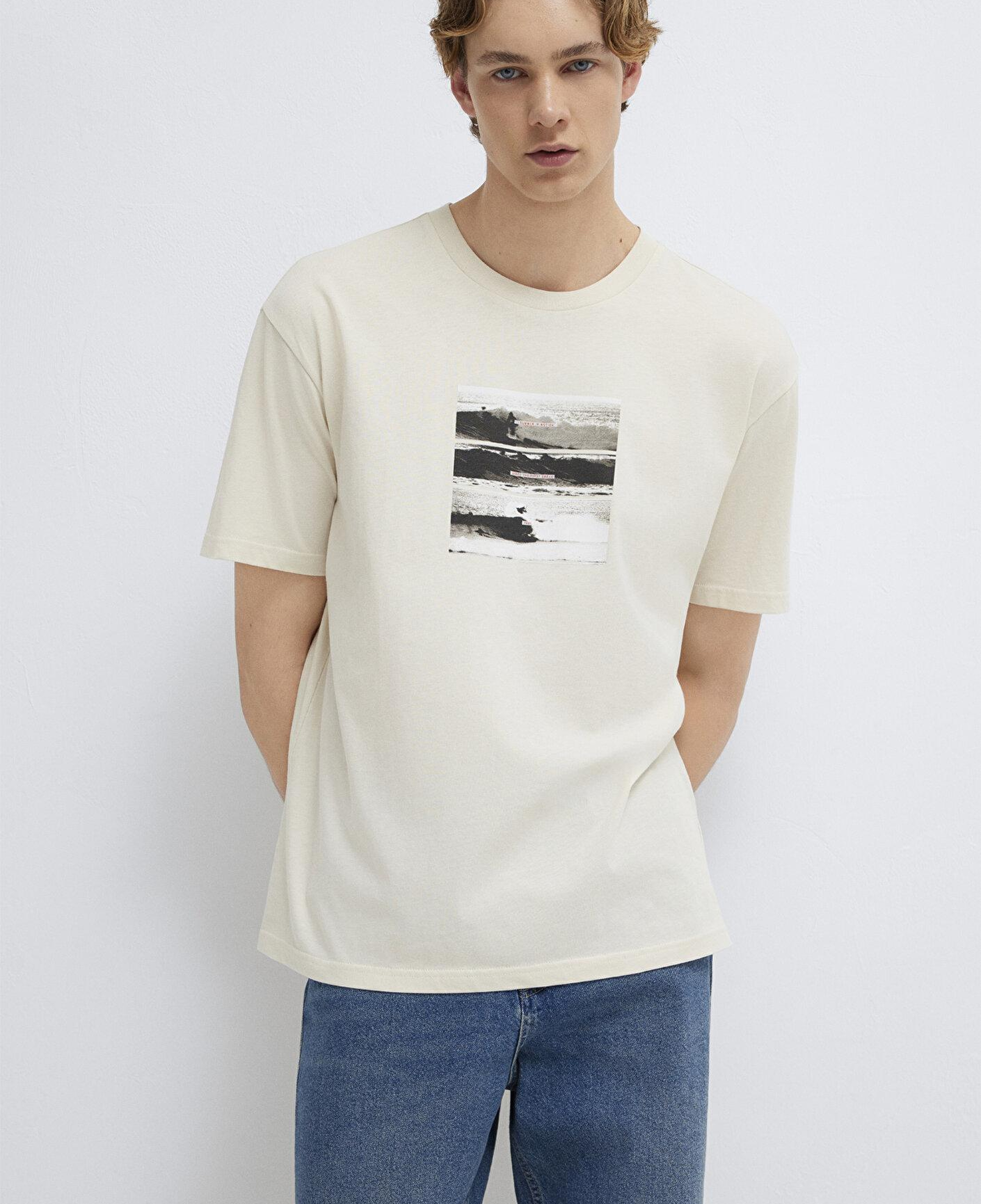 Mavi Baskılı Bej Tişört Loose Fit / Bol Rahat Kesim 0613630-70134