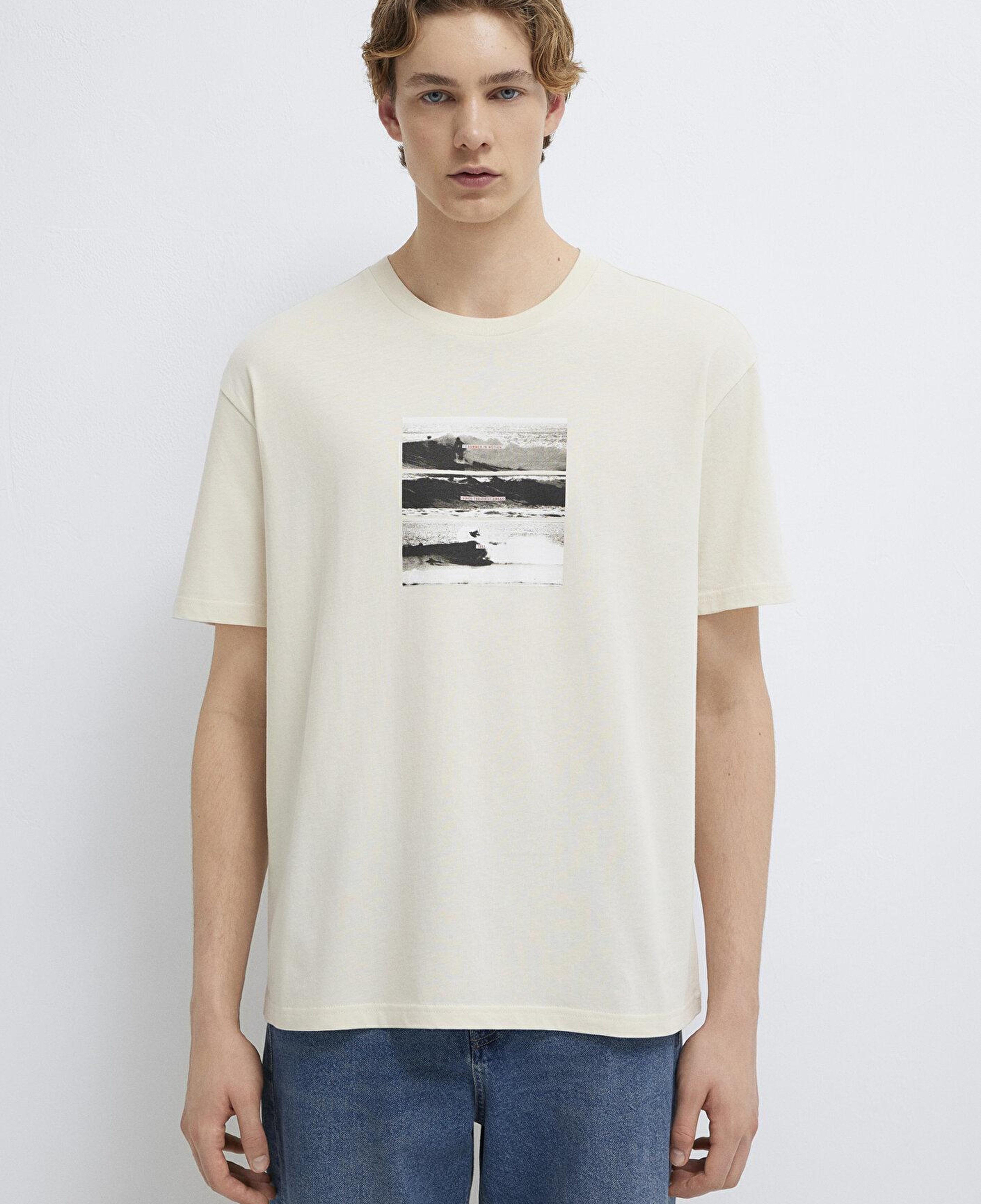 Mavi Baskılı Bej Tişört Loose Fit / Bol Rahat Kesim 0613630-70134