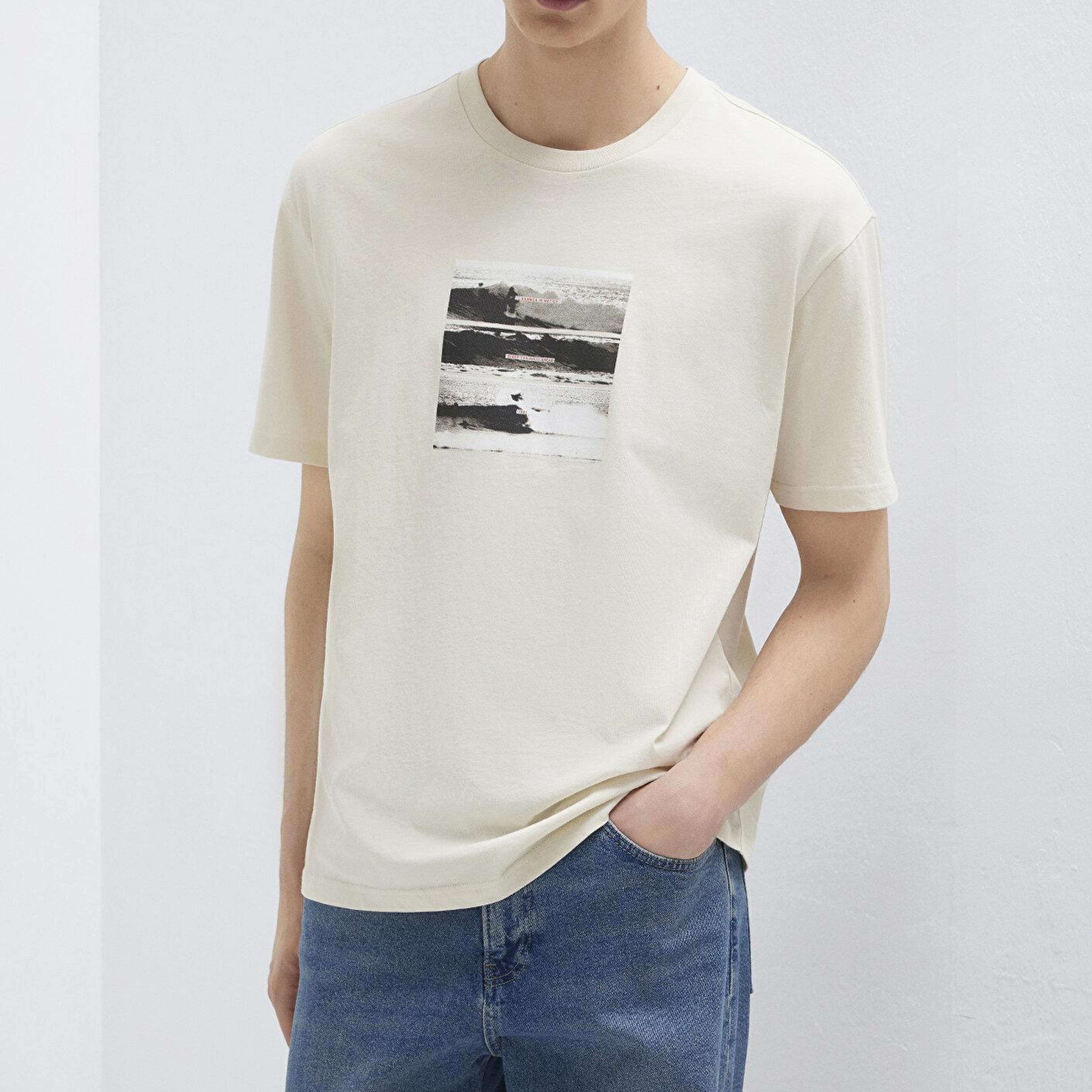 Mavi Baskılı Bej Tişört Loose Fit / Bol Rahat Kesim 0613630-70134