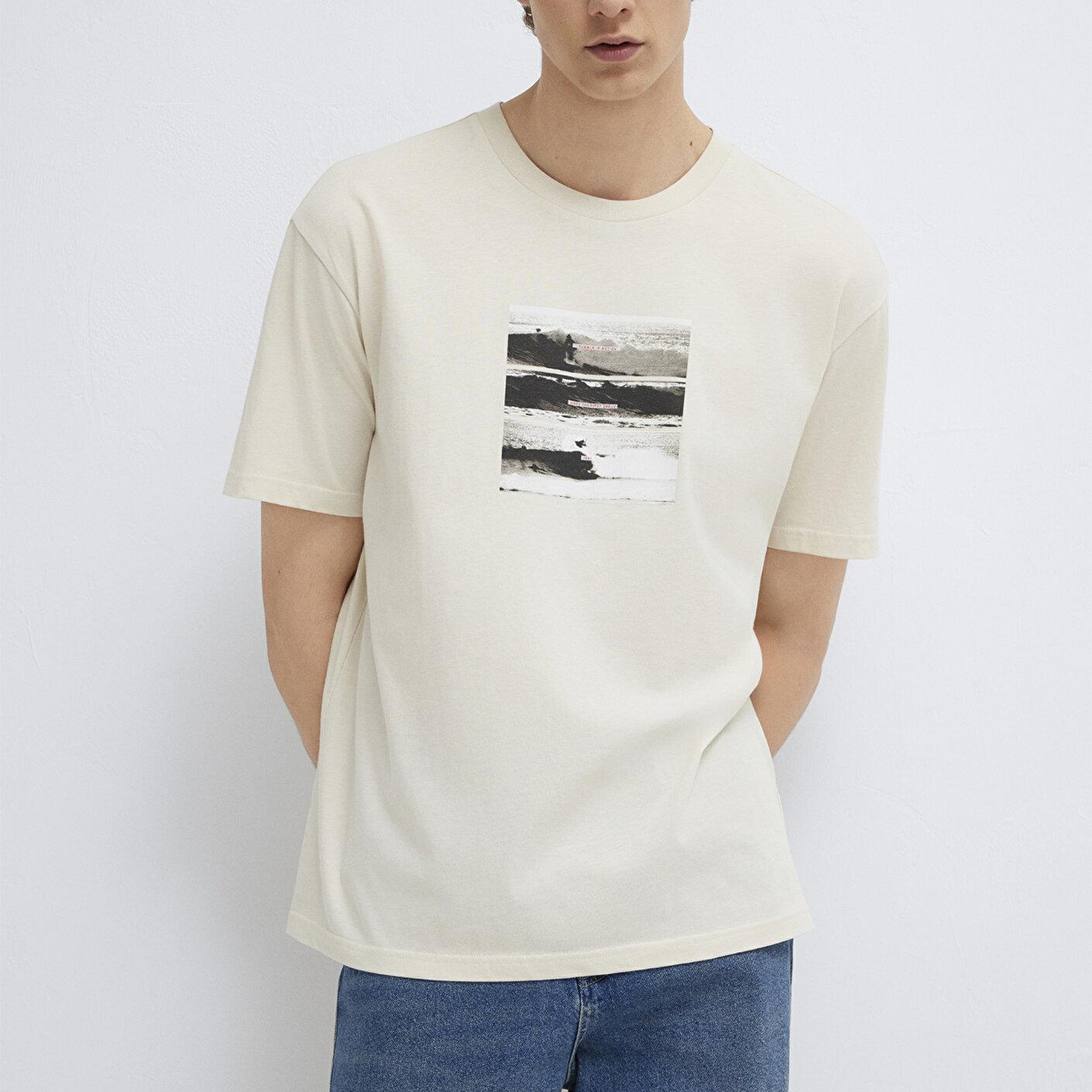 Mavi Baskılı Bej Tişört Loose Fit / Bol Rahat Kesim 0613630-70134