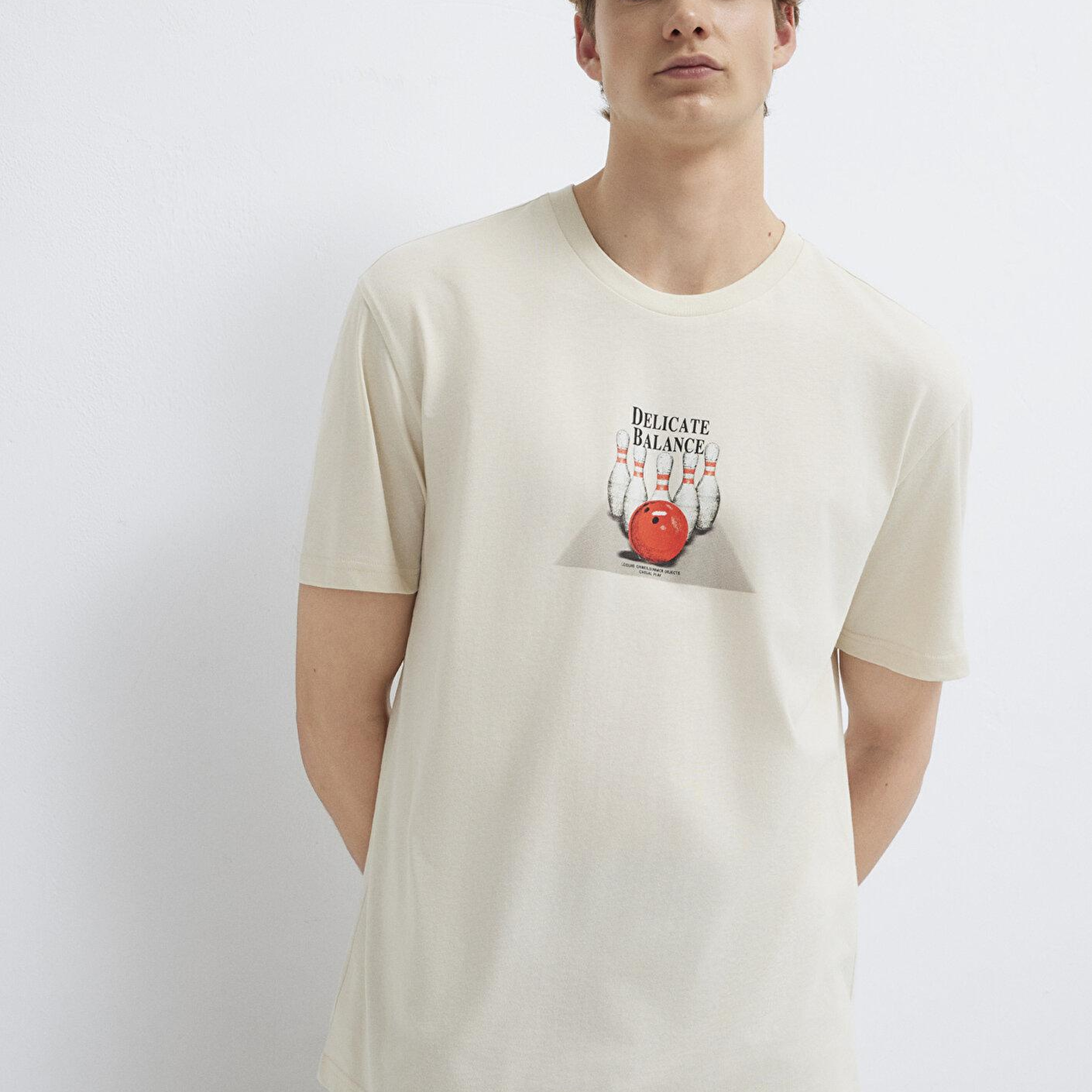 Mavi Bilardo Baskılı Bej Tişört Loose Fit / Bol Rahat Kesim 0613634-70134