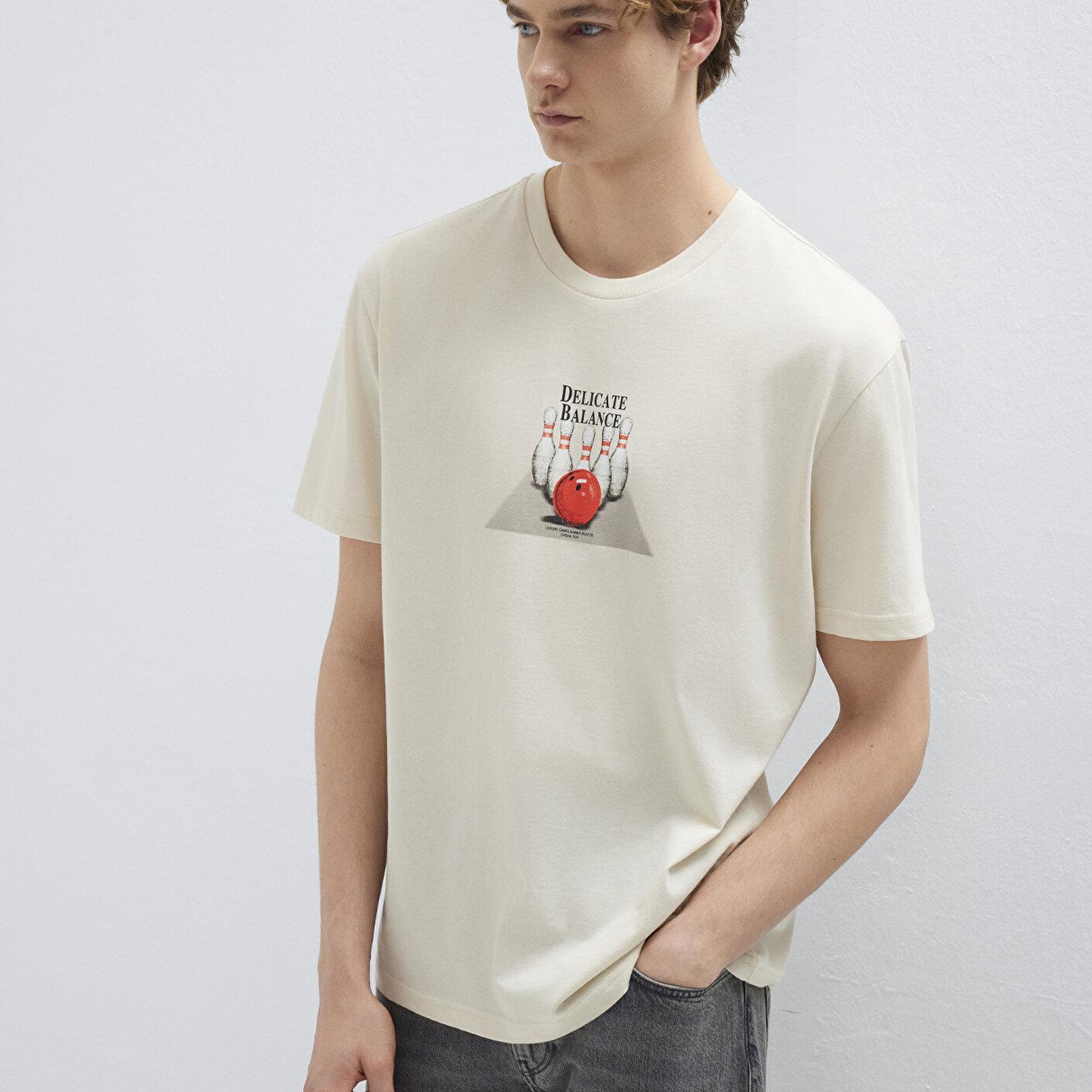 Mavi Bilardo Baskılı Bej Tişört Loose Fit / Bol Rahat Kesim 0613634-70134