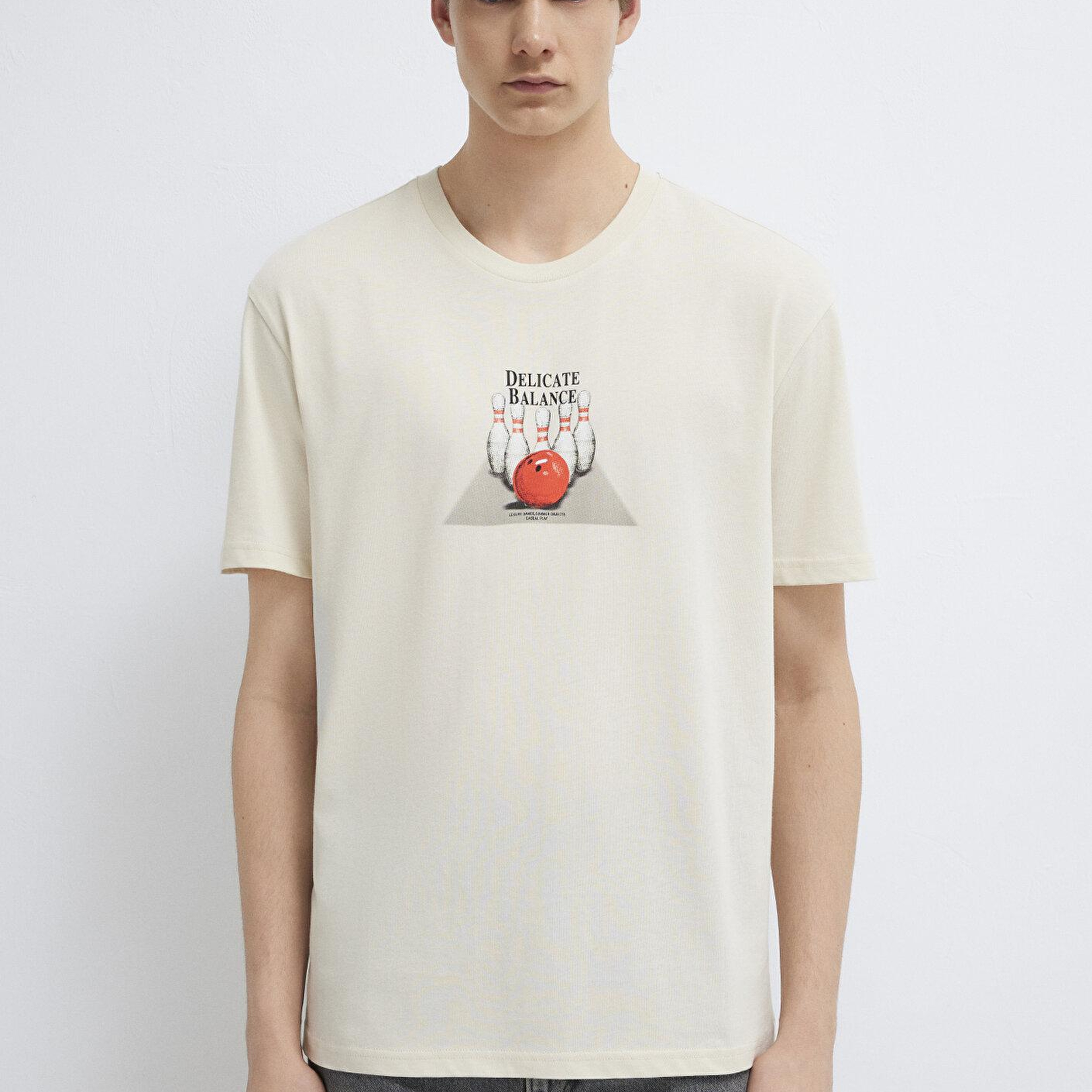 Mavi Bilardo Baskılı Bej Tişört Loose Fit / Bol Rahat Kesim 0613634-70134