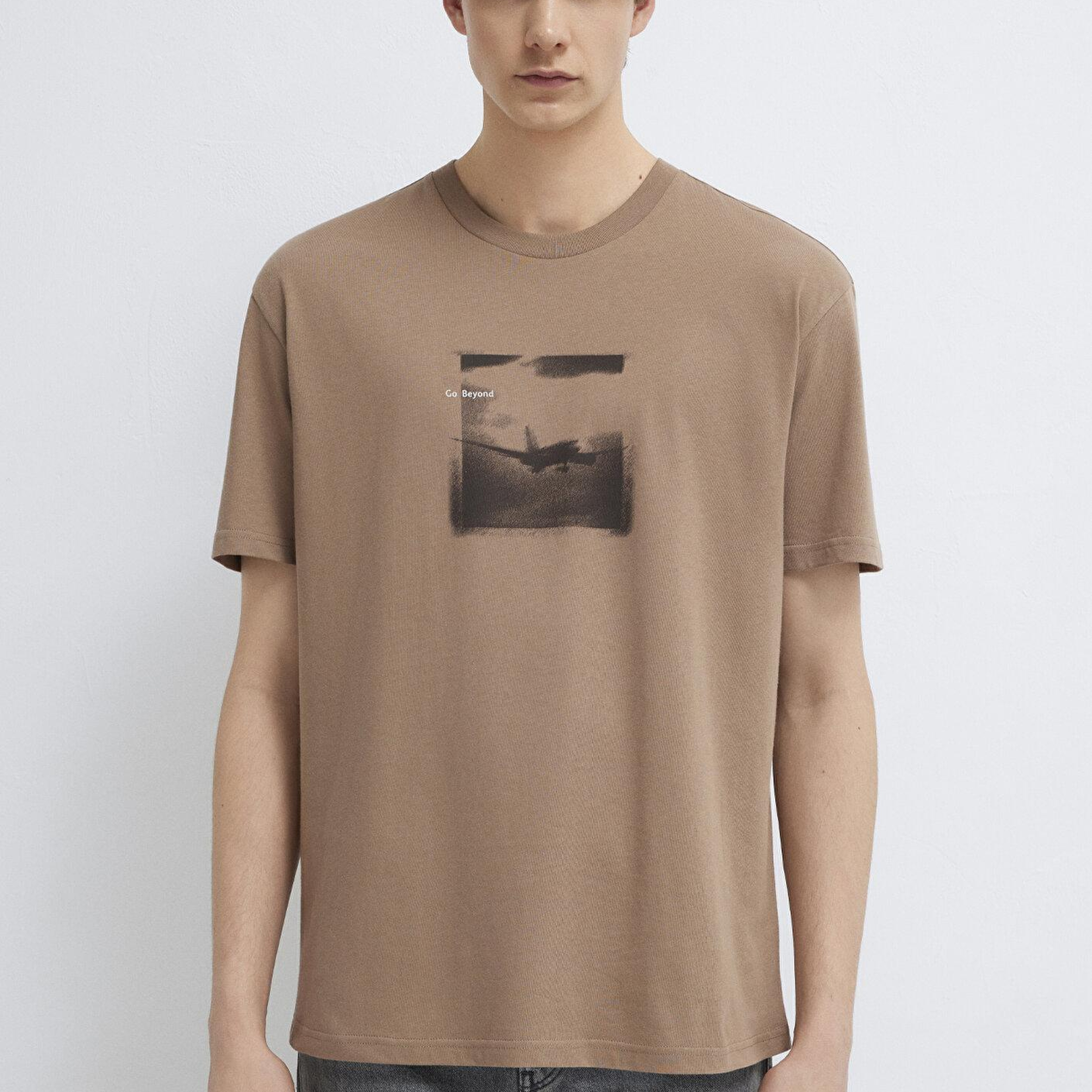 Mavi Baskılı Kahverengi Tişört Loose Fit / Bol Rahat Kesim 0613638-88091