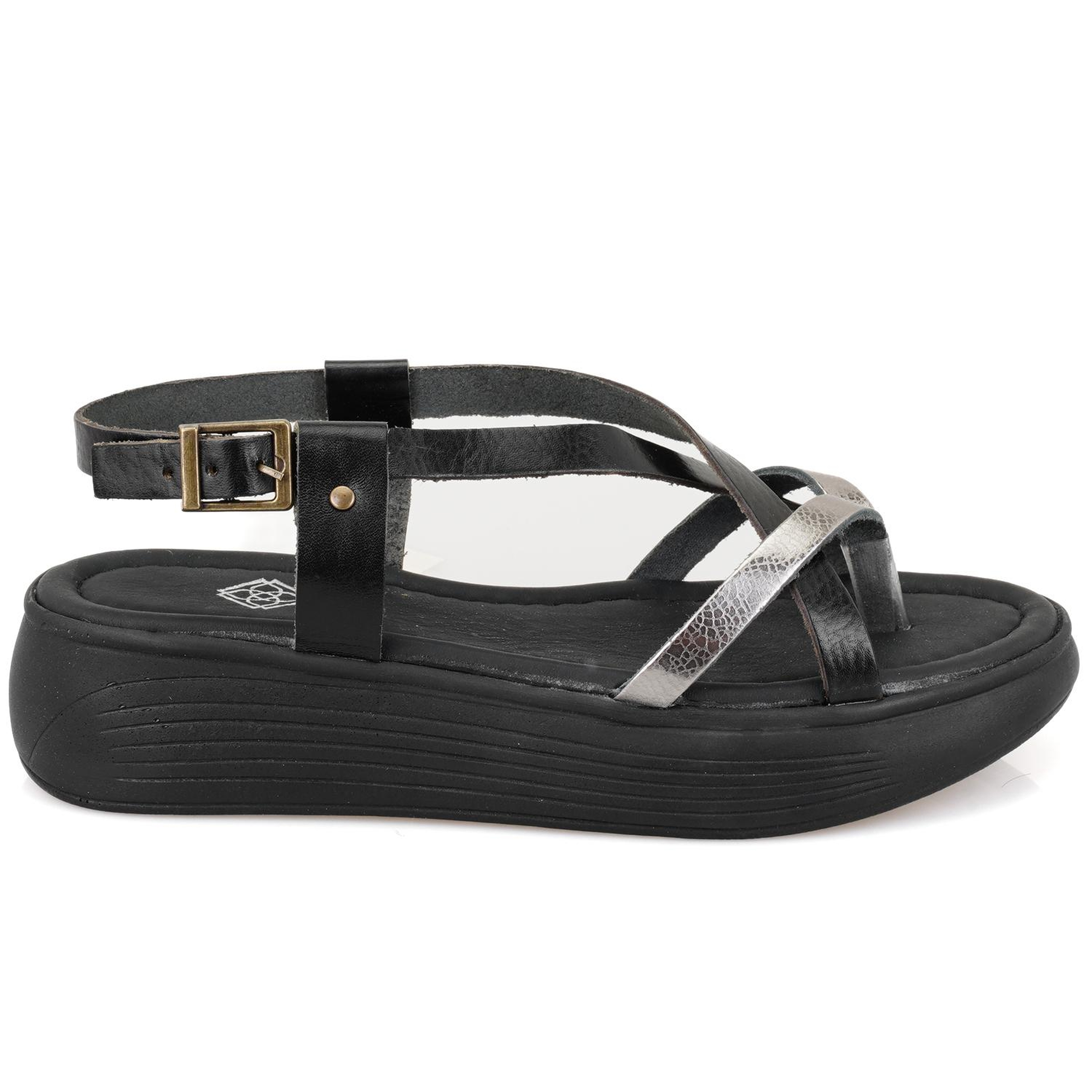 Kadın Siyah Dolgu Tabanlı Deri Sandalet