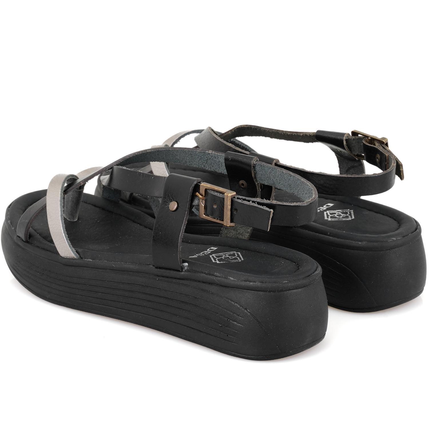 Kadın Siyah Dolgu Tabanlı Deri Sandalet