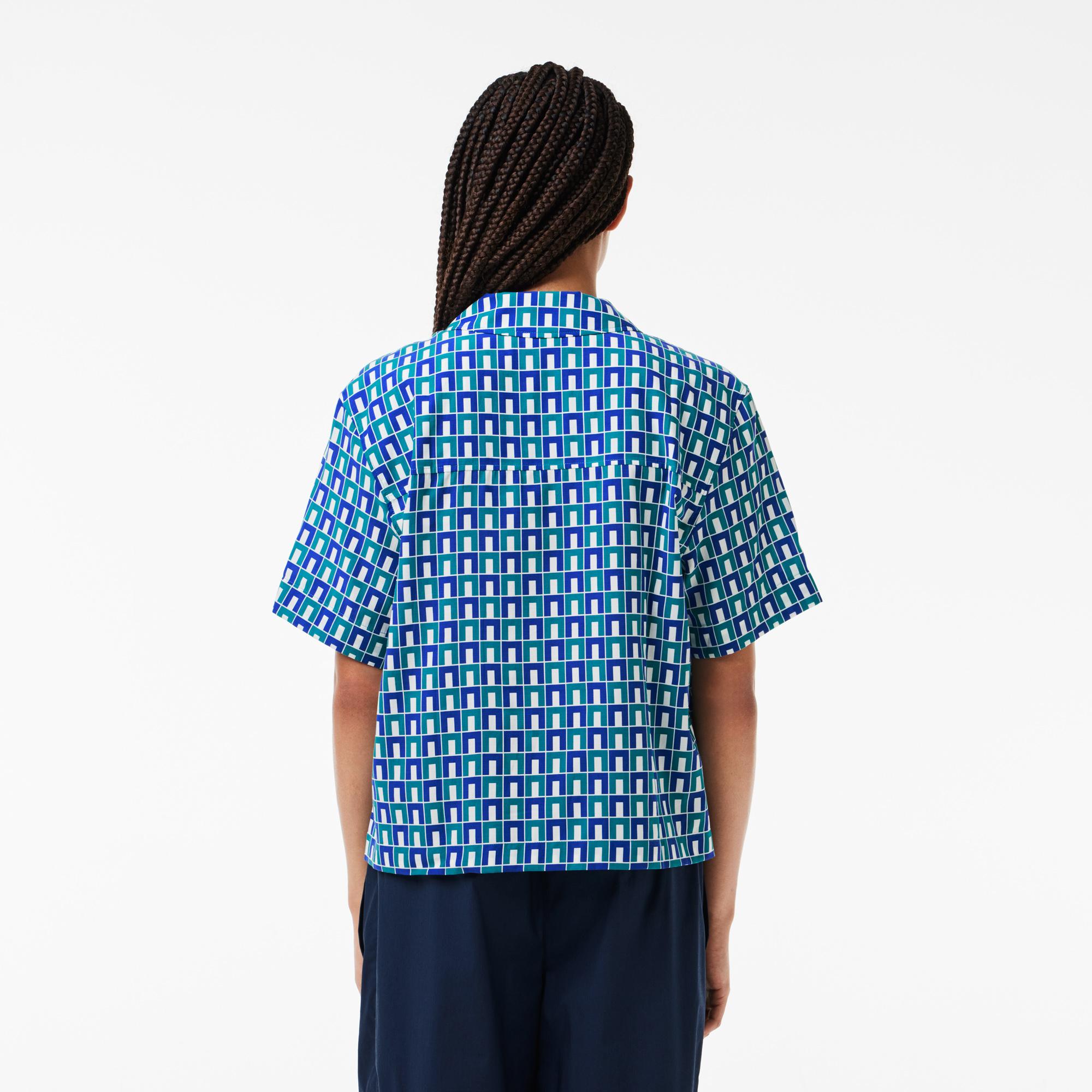 Kadın Relaxed Fit Kısa Kollu Monogram Mavi Gömlek