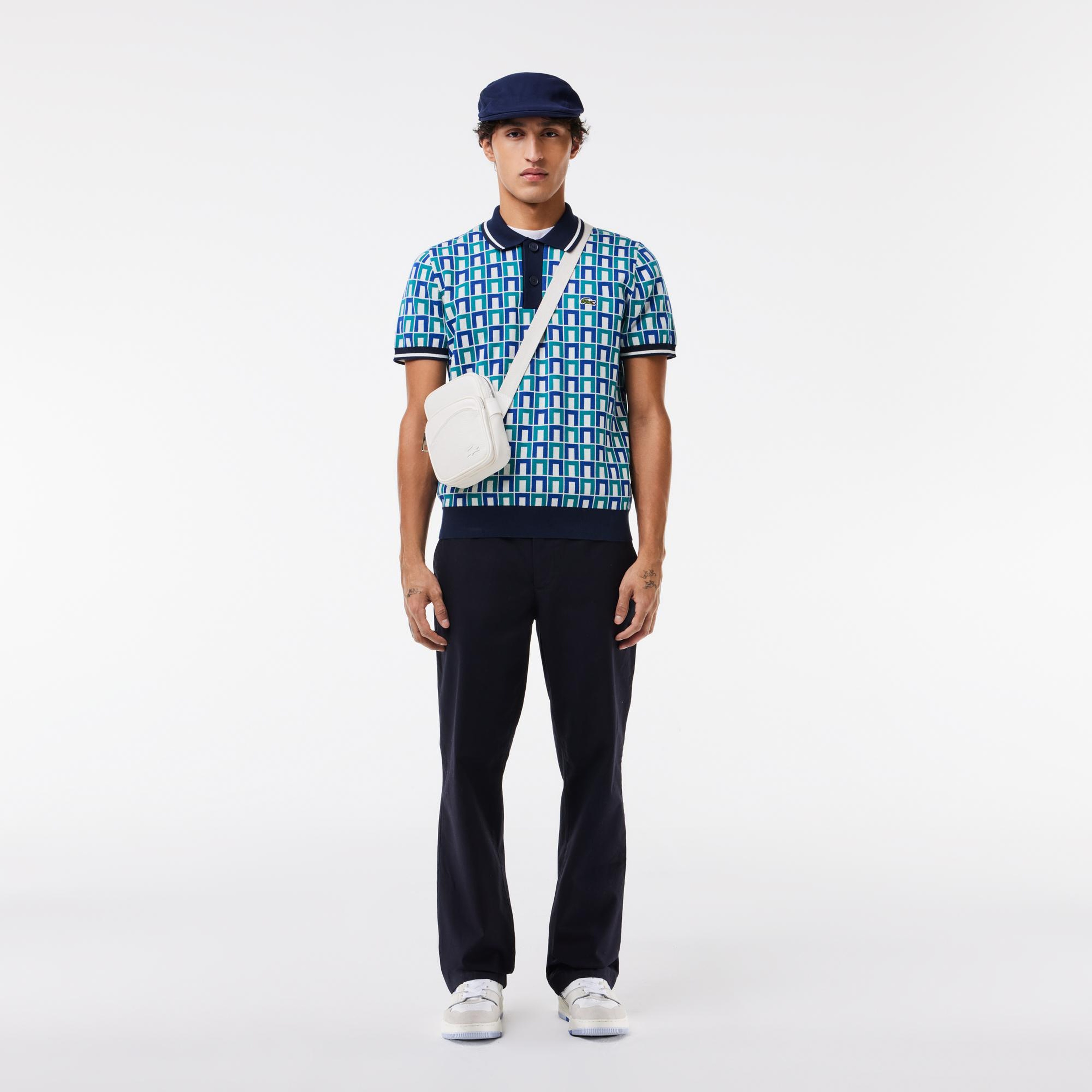 Erkek Regular Fit Gömlek Yaka Monogram Mavi Polo