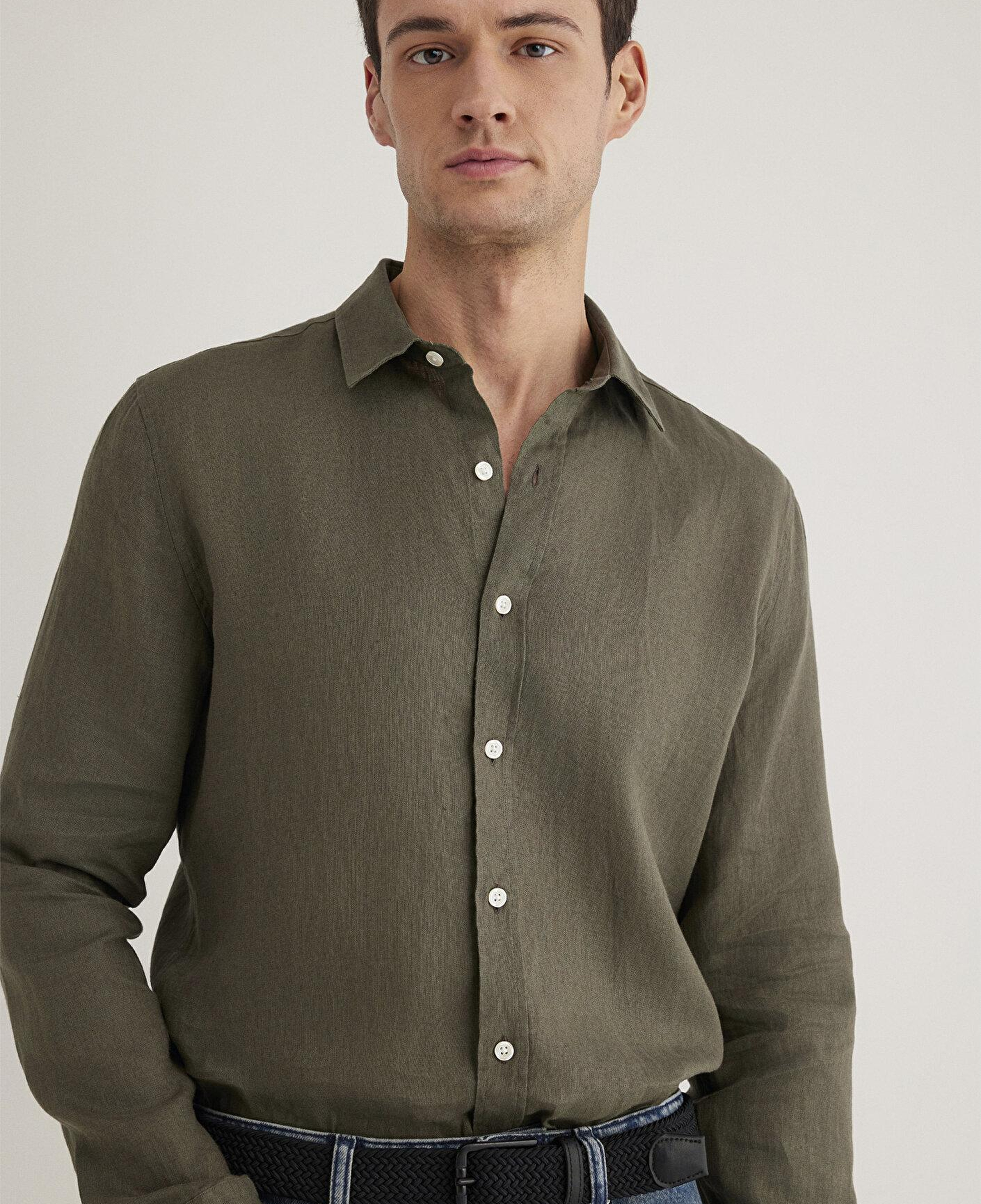 Mavi Haki Keten Gömlek Slim Fit / Dar Kesim 0211466-71546