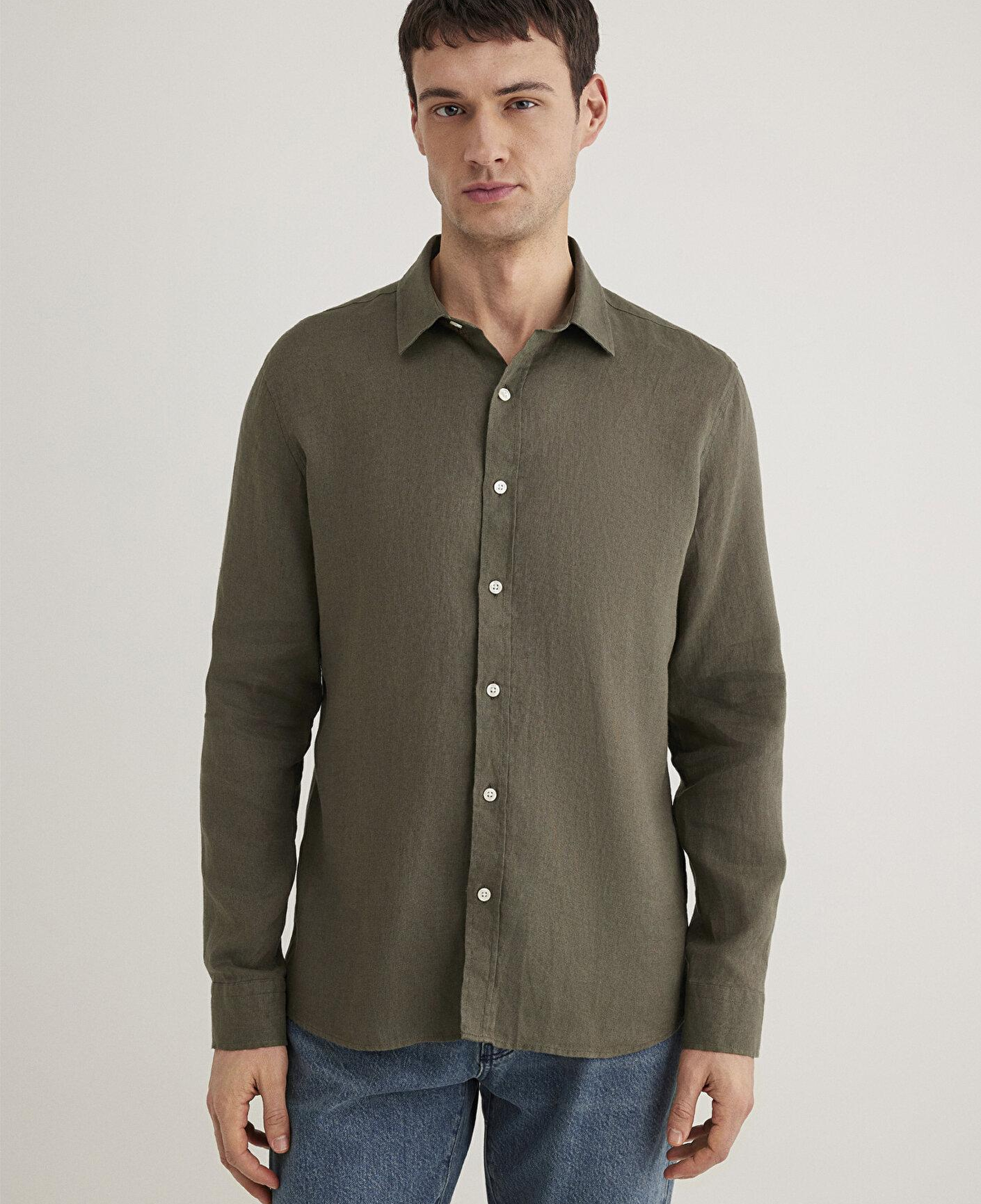 Mavi Haki Keten Gömlek Slim Fit / Dar Kesim 0211466-71546