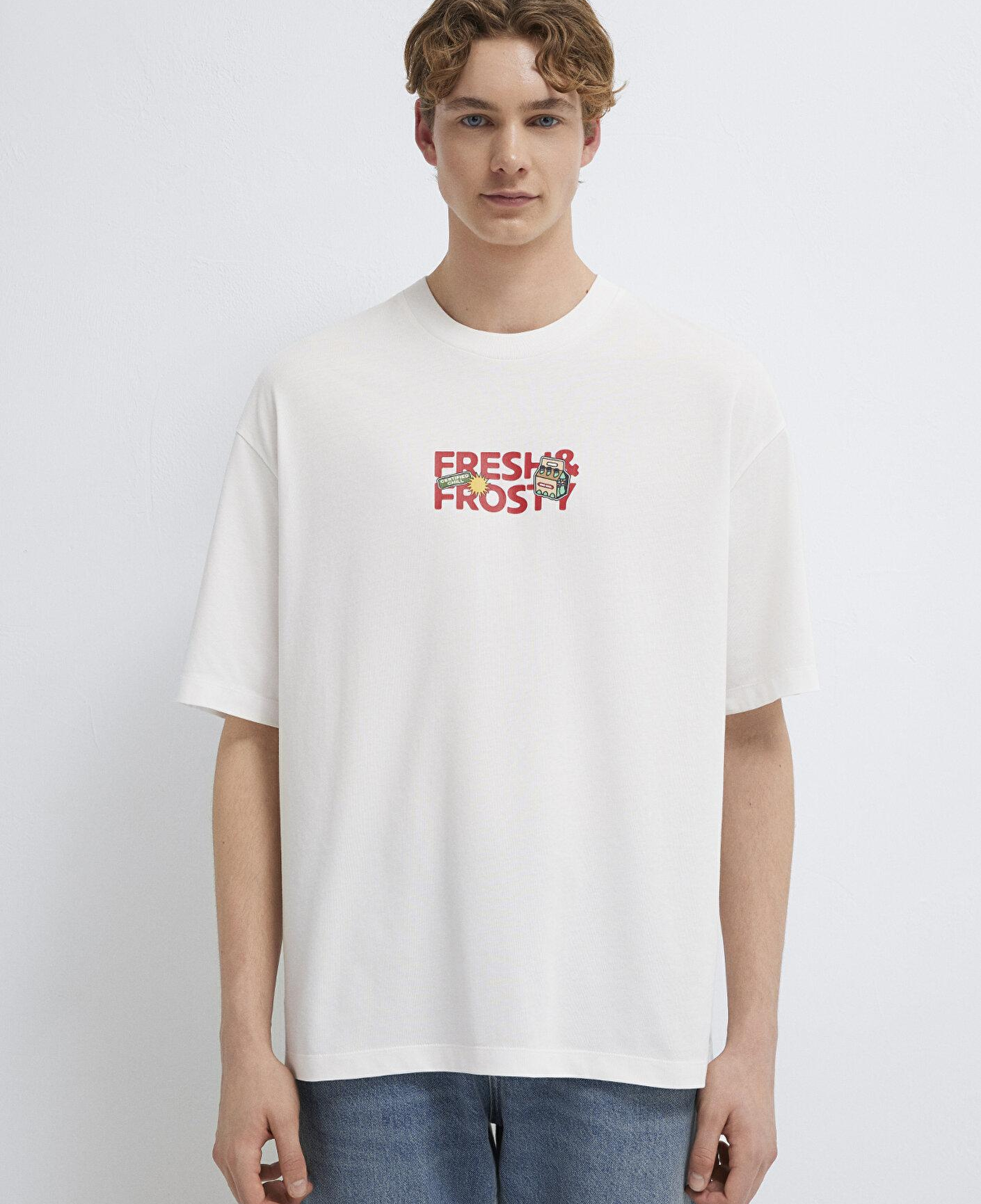 Mavi Baskılı Ekru Tişört Oversize / Geniş Kesim 0613622-70057