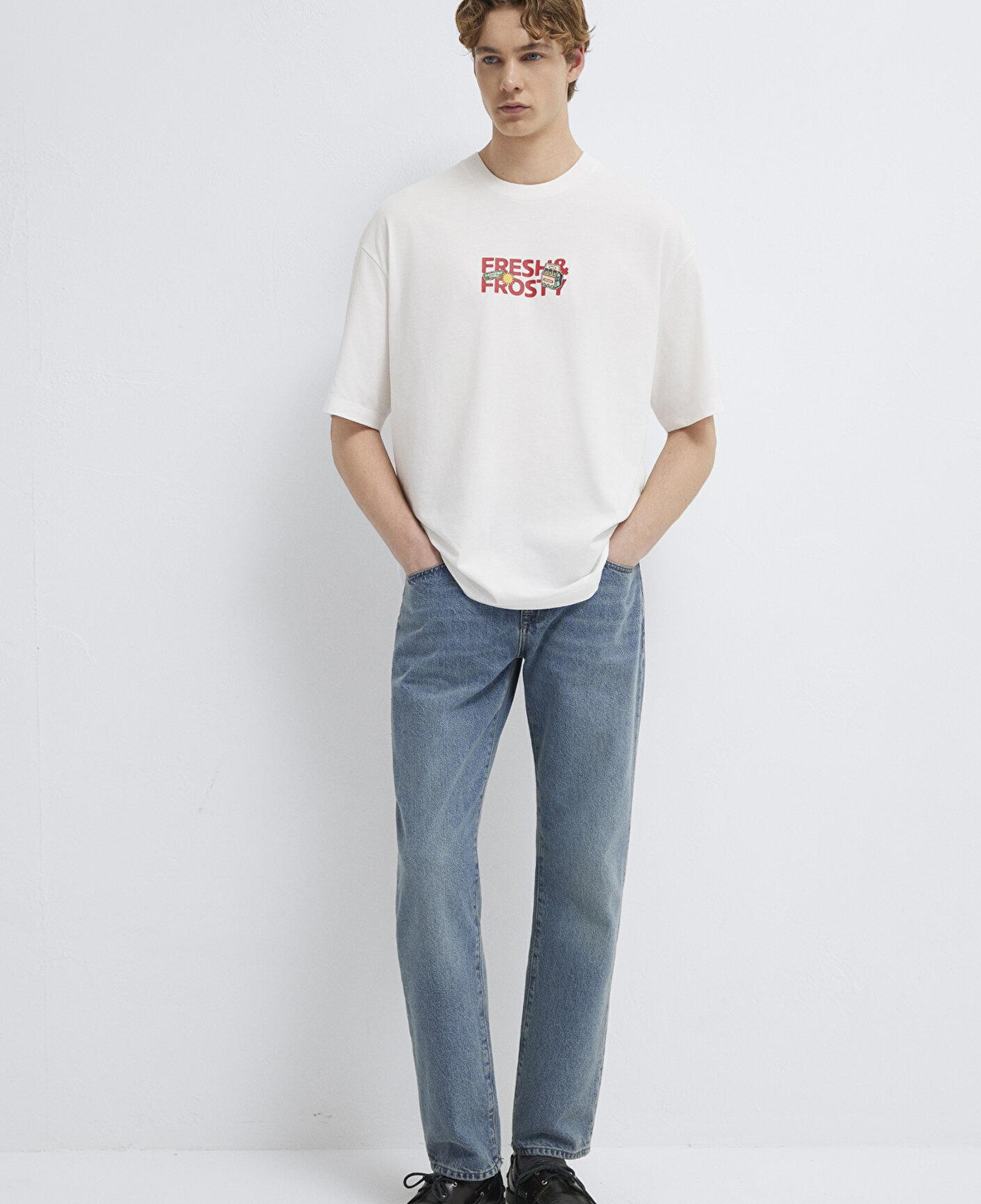 Mavi Baskılı Ekru Tişört Oversize / Geniş Kesim 0613622-70057