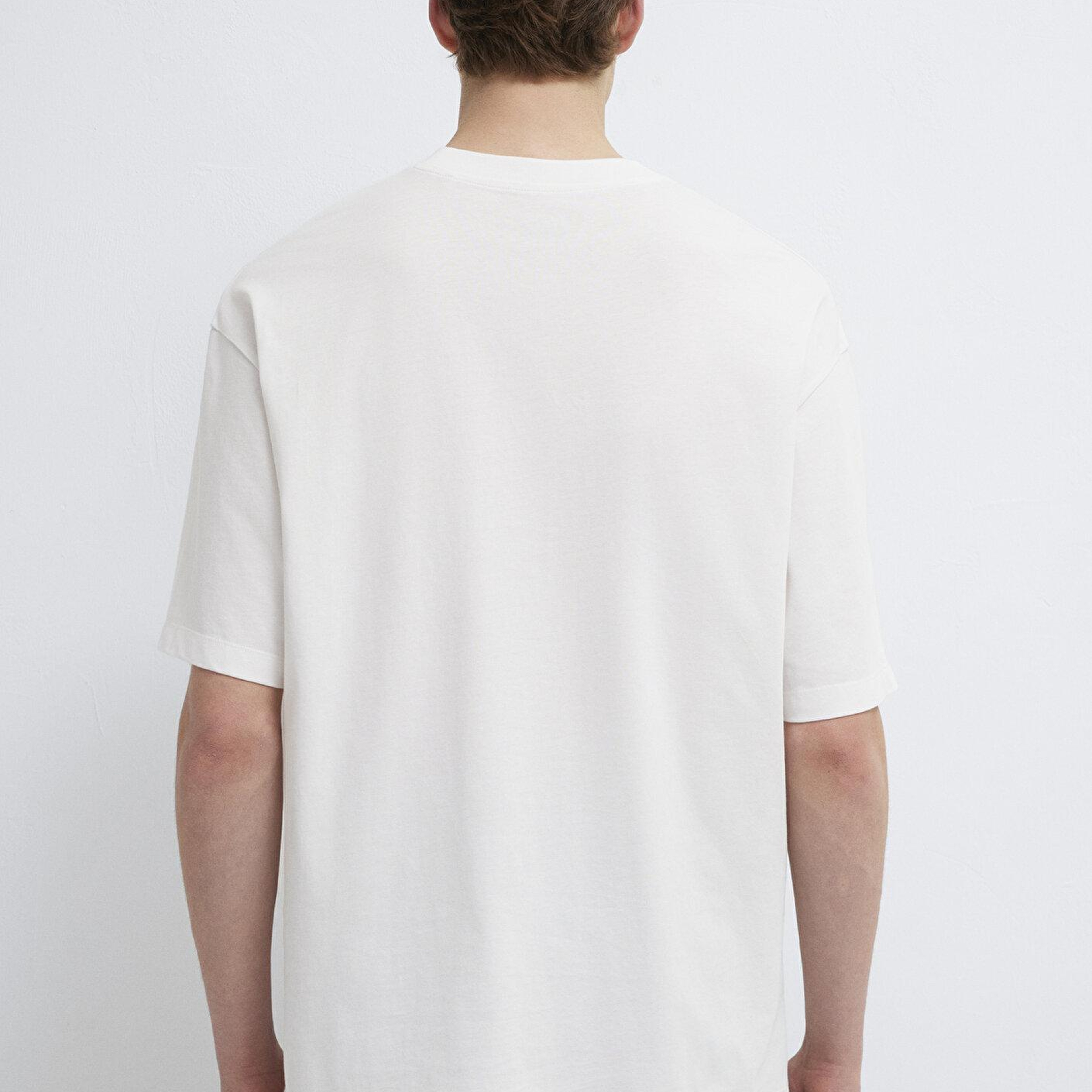 Mavi Baskılı Ekru Tişört Oversize / Geniş Kesim 0613622-70057