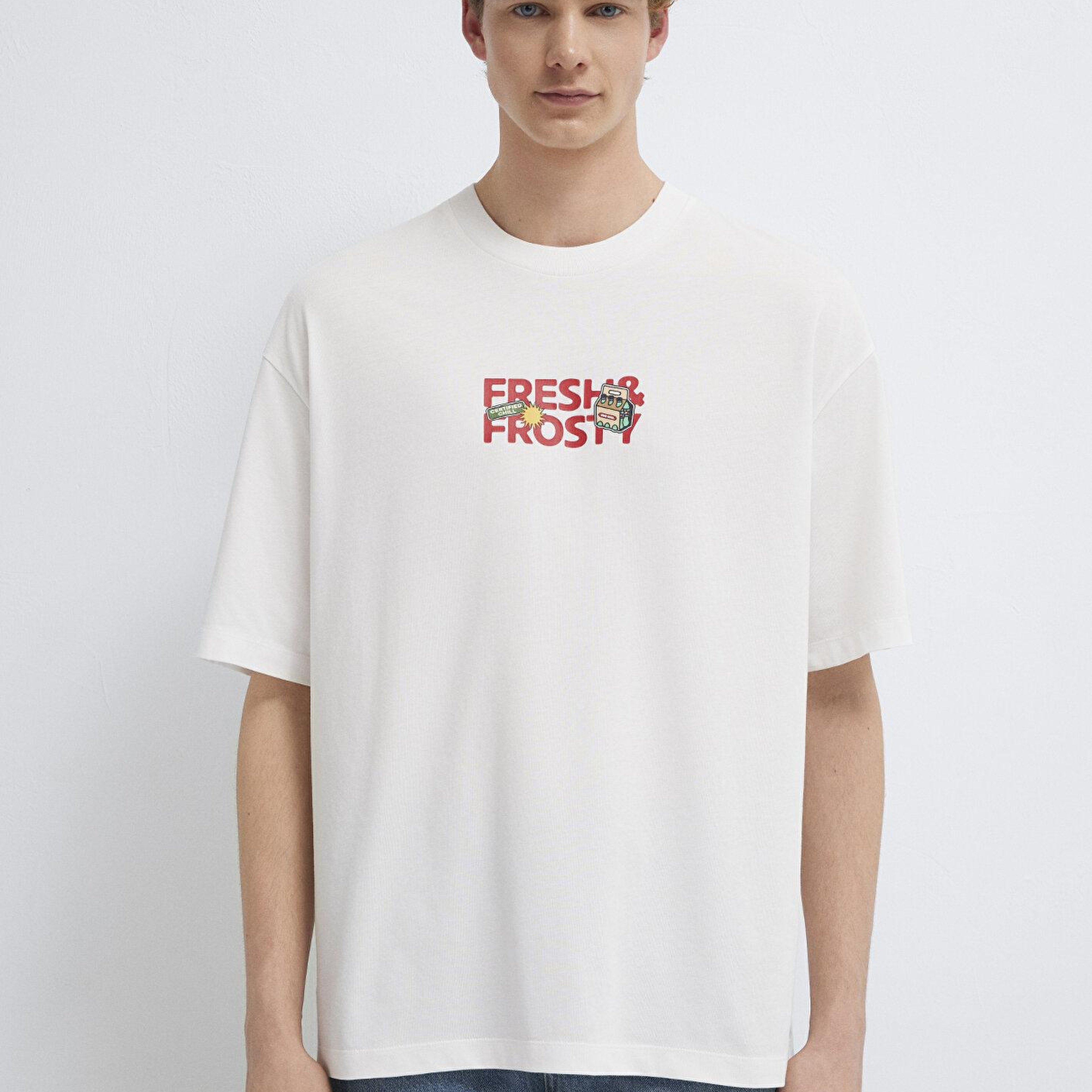 Mavi Baskılı Ekru Tişört Oversize / Geniş Kesim 0613622-70057