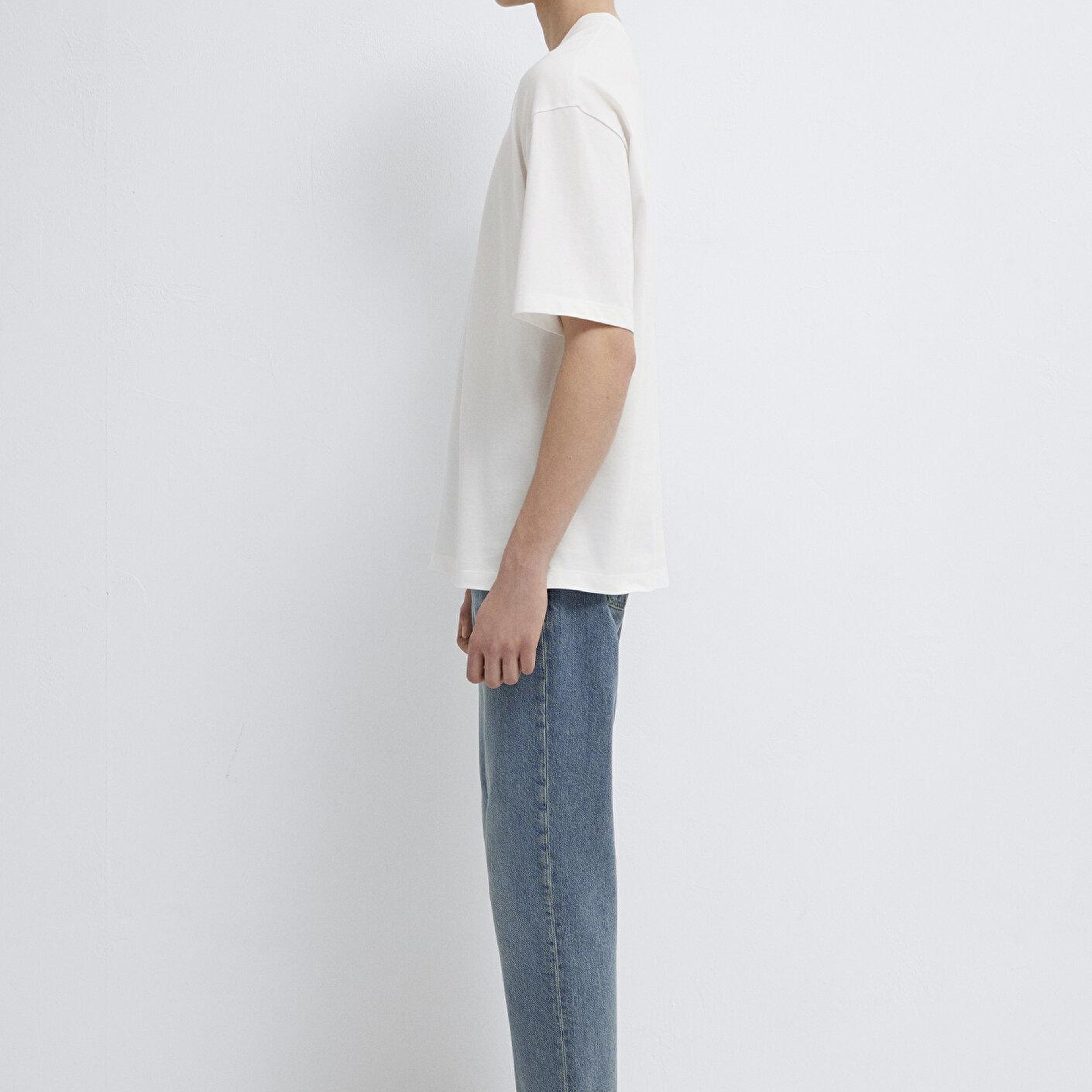 Mavi Baskılı Ekru Tişört Oversize / Geniş Kesim 0613622-70057