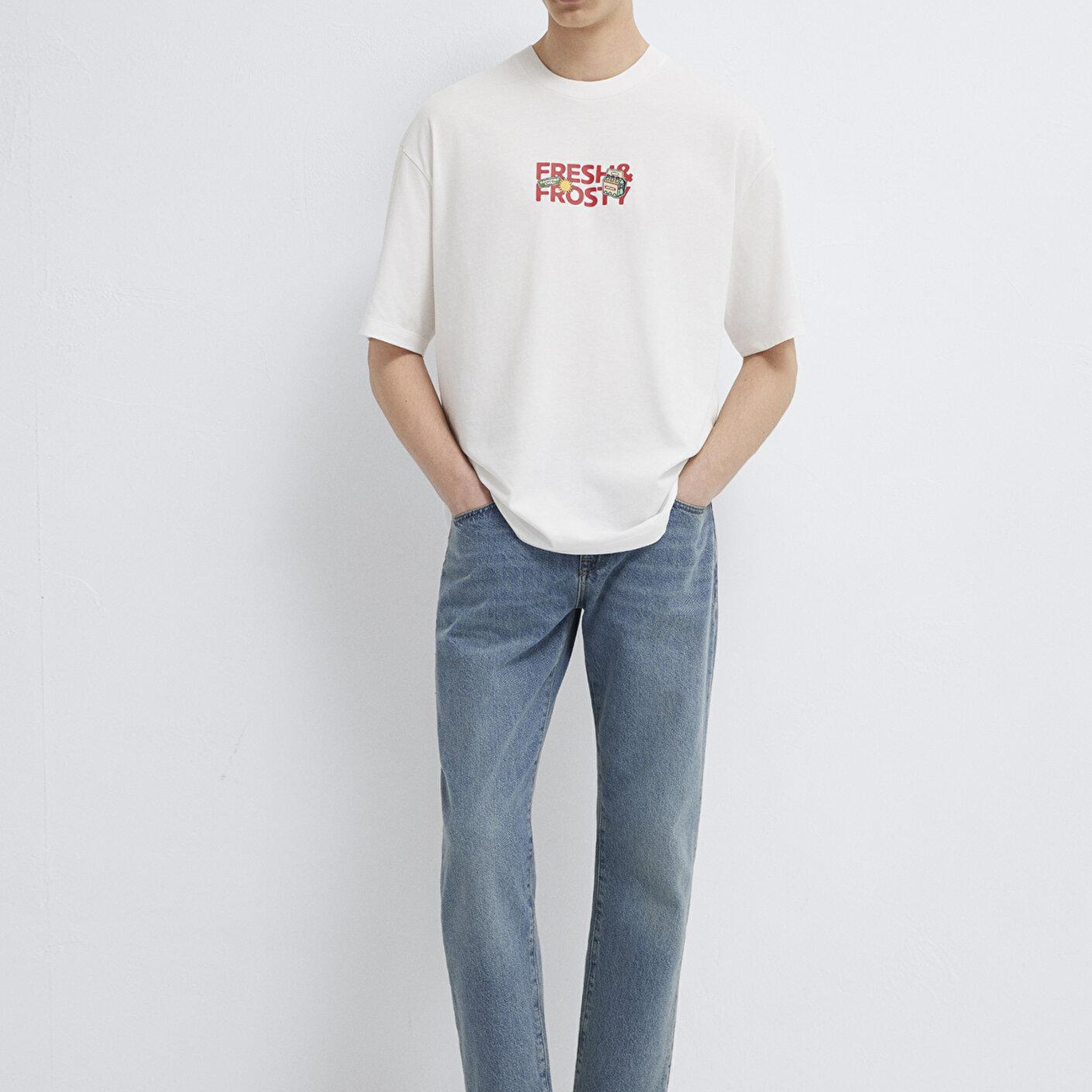 Mavi Baskılı Ekru Tişört Oversize / Geniş Kesim 0613622-70057