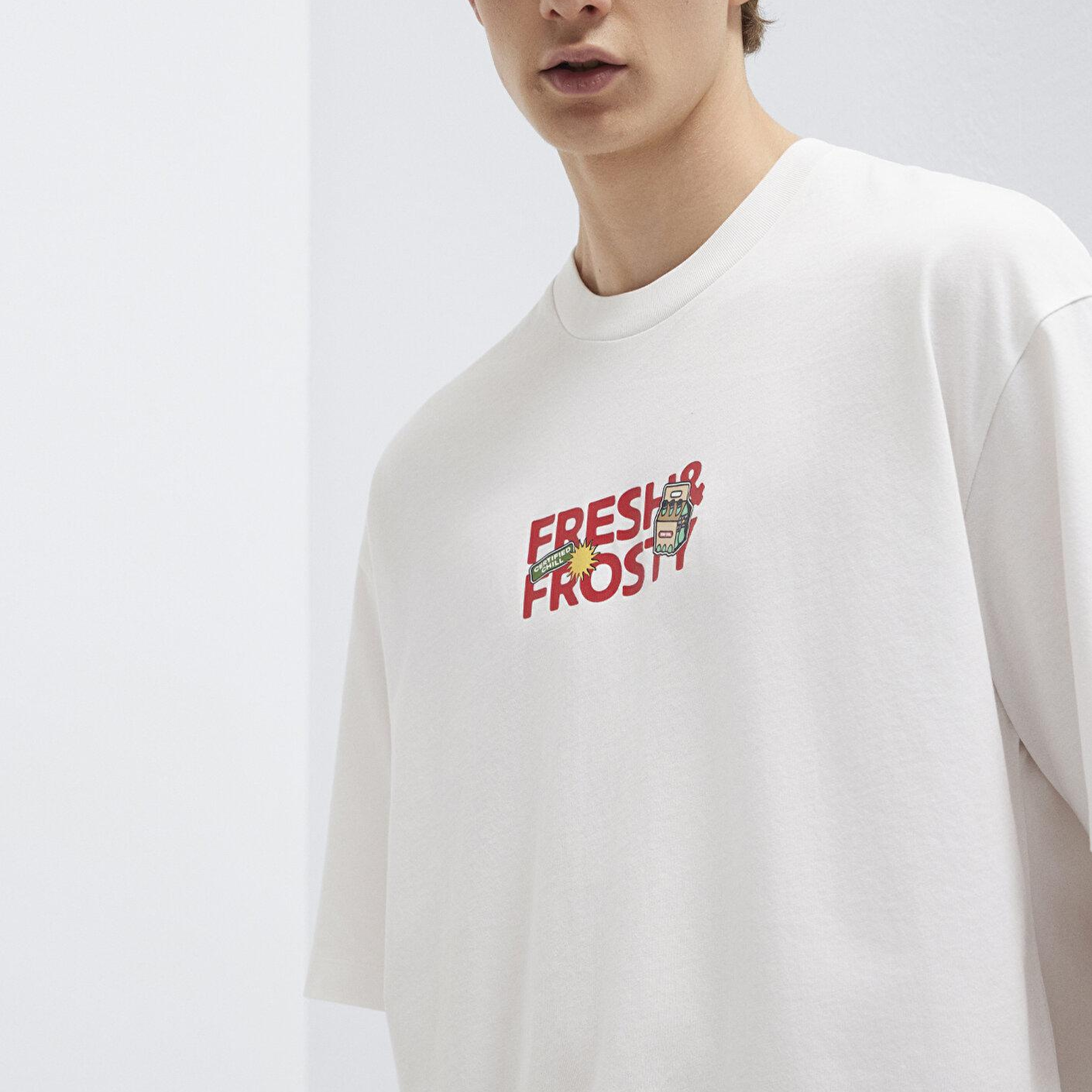 Mavi Baskılı Ekru Tişört Oversize / Geniş Kesim 0613622-70057