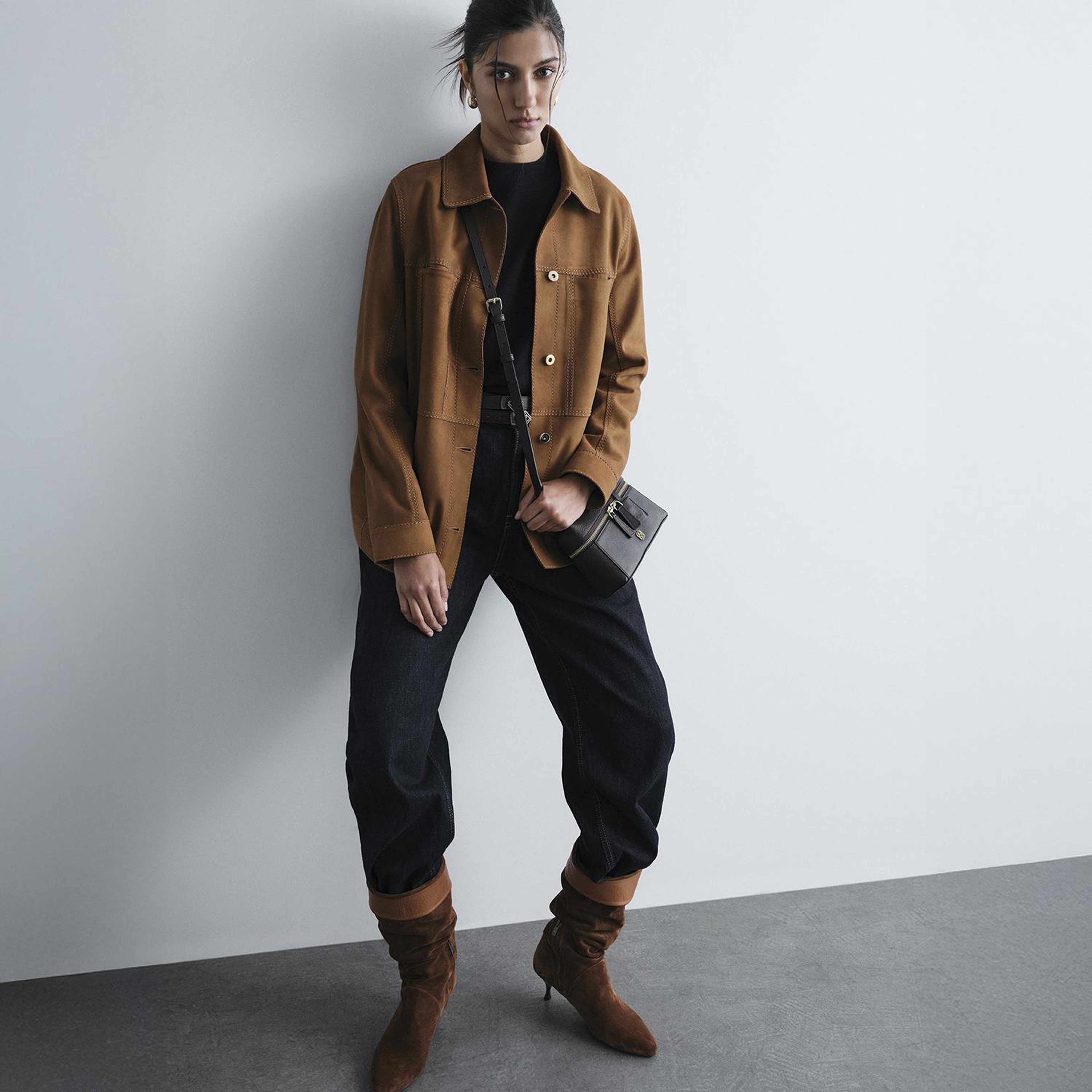 Kadın Kahve Gömlek Yakalı Spor Dikiş Detaylı Süet Ceket