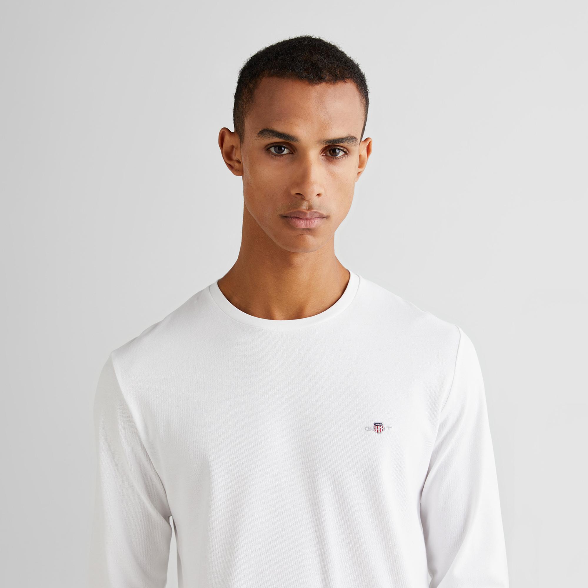 GANT Erkek Beyaz Slim Fit Bisiklet Yaka Uzun Kollu T-Shirt