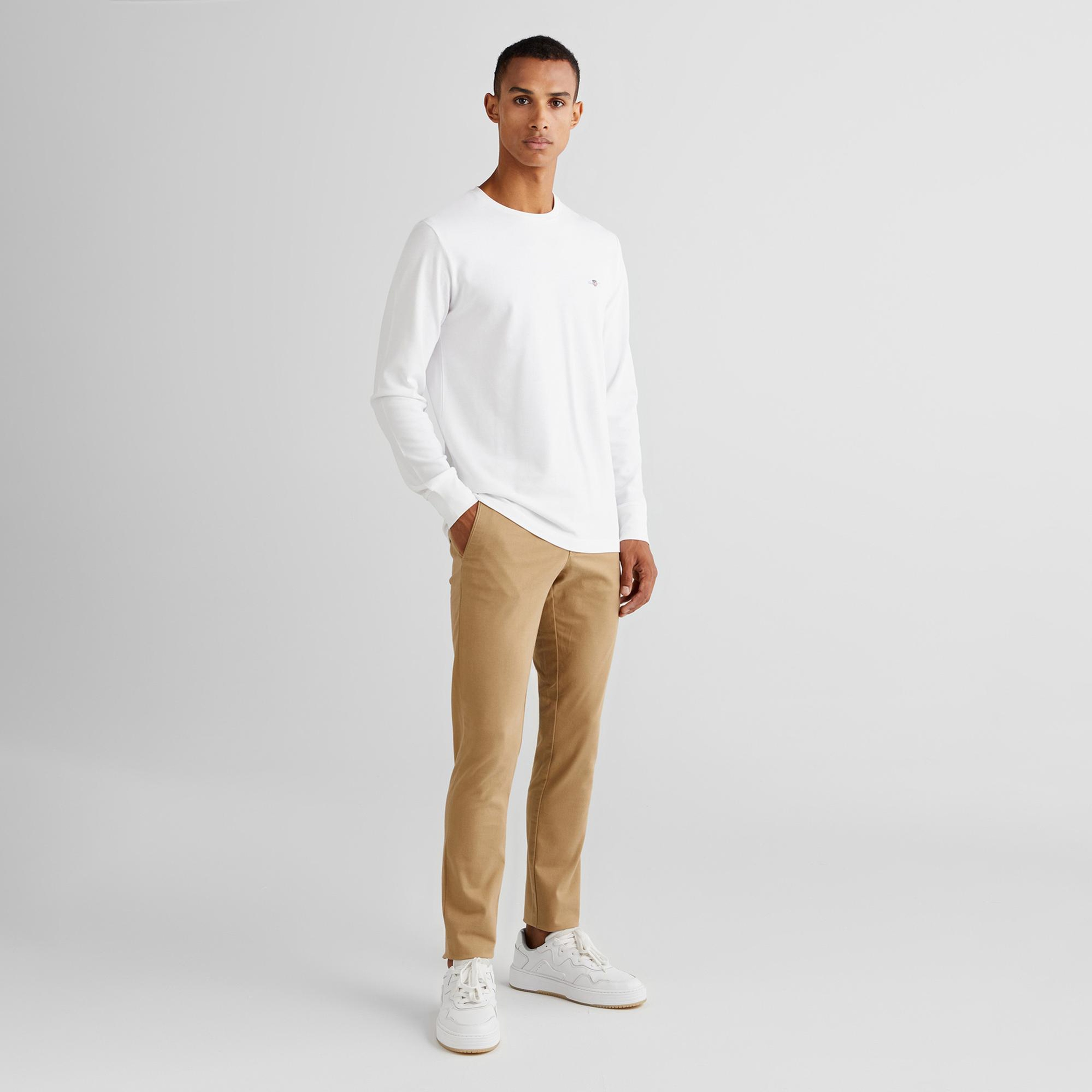 GANT Erkek Beyaz Slim Fit Bisiklet Yaka Uzun Kollu T-Shirt