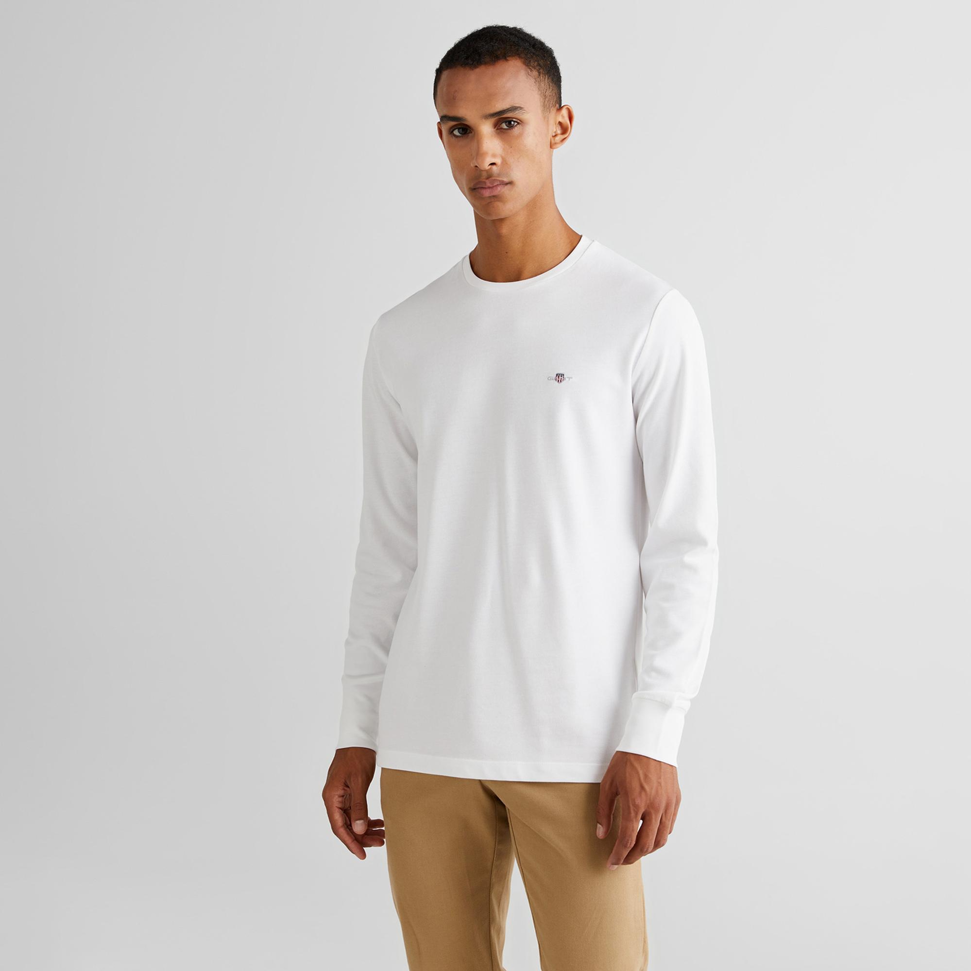 GANT Erkek Beyaz Slim Fit Bisiklet Yaka Uzun Kollu T-Shirt