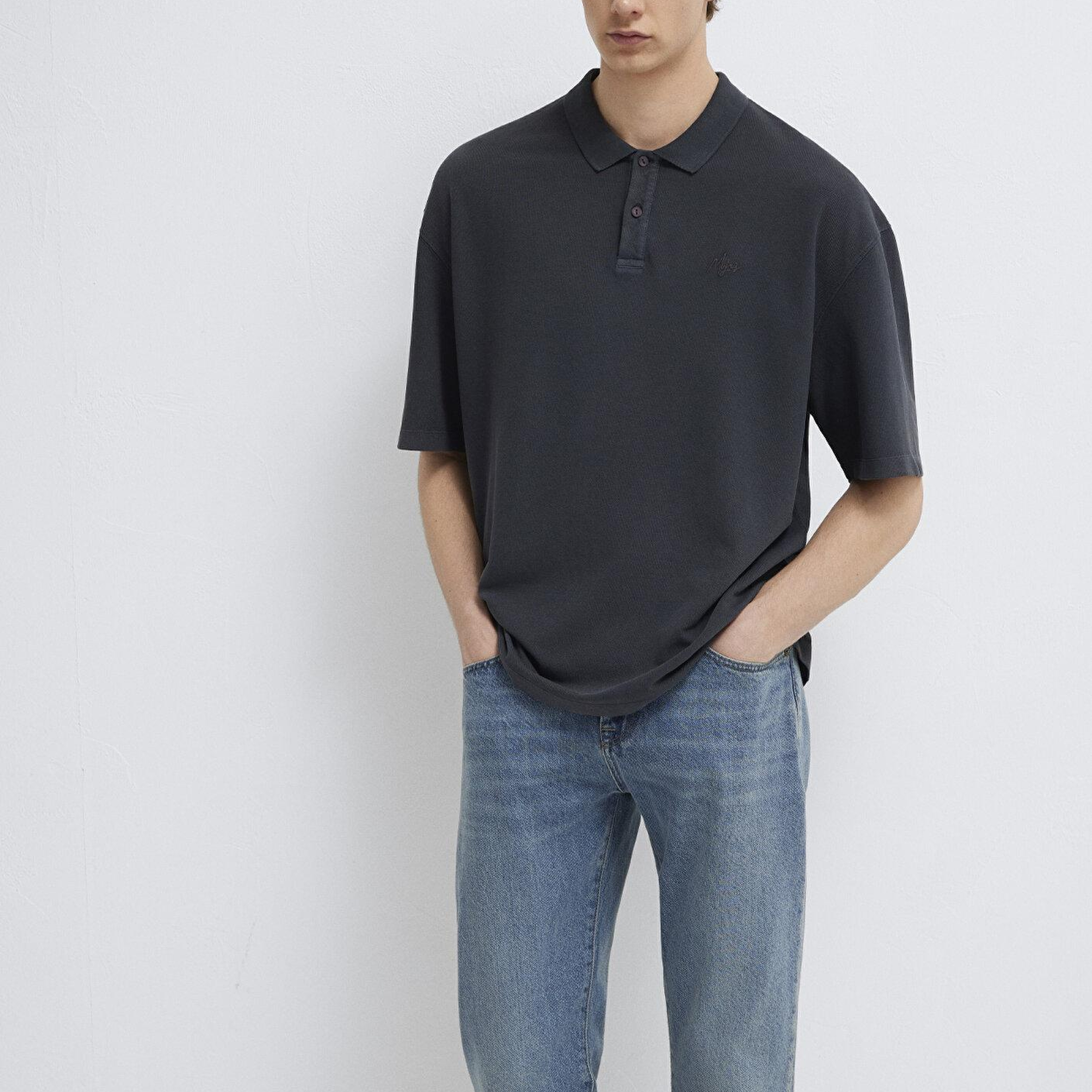 Mavi Antrasit Tişört Oversize / Geniş Kesim 0613619-80106