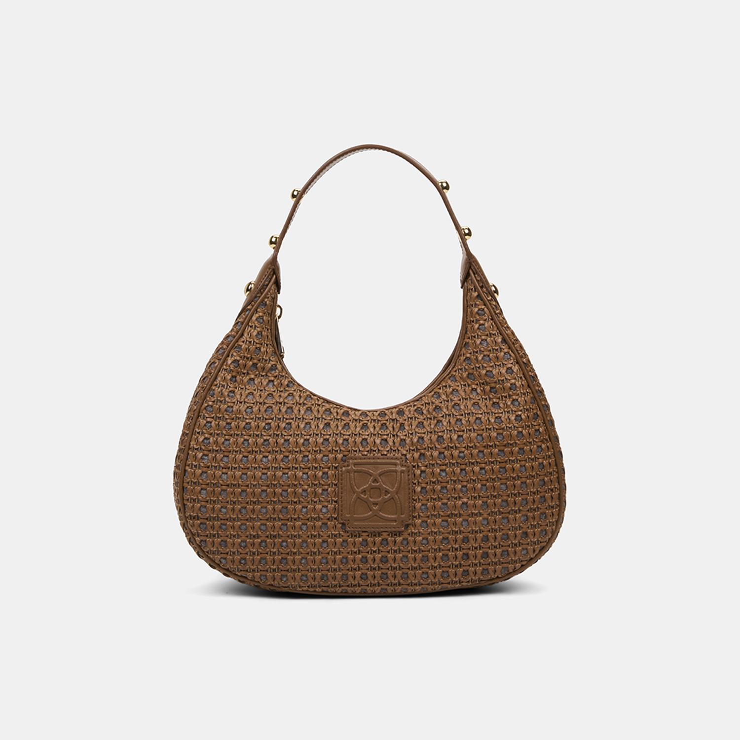 Kadın Taba Örgü Detaylı Gold Aksesuarlı Omuz Çantası