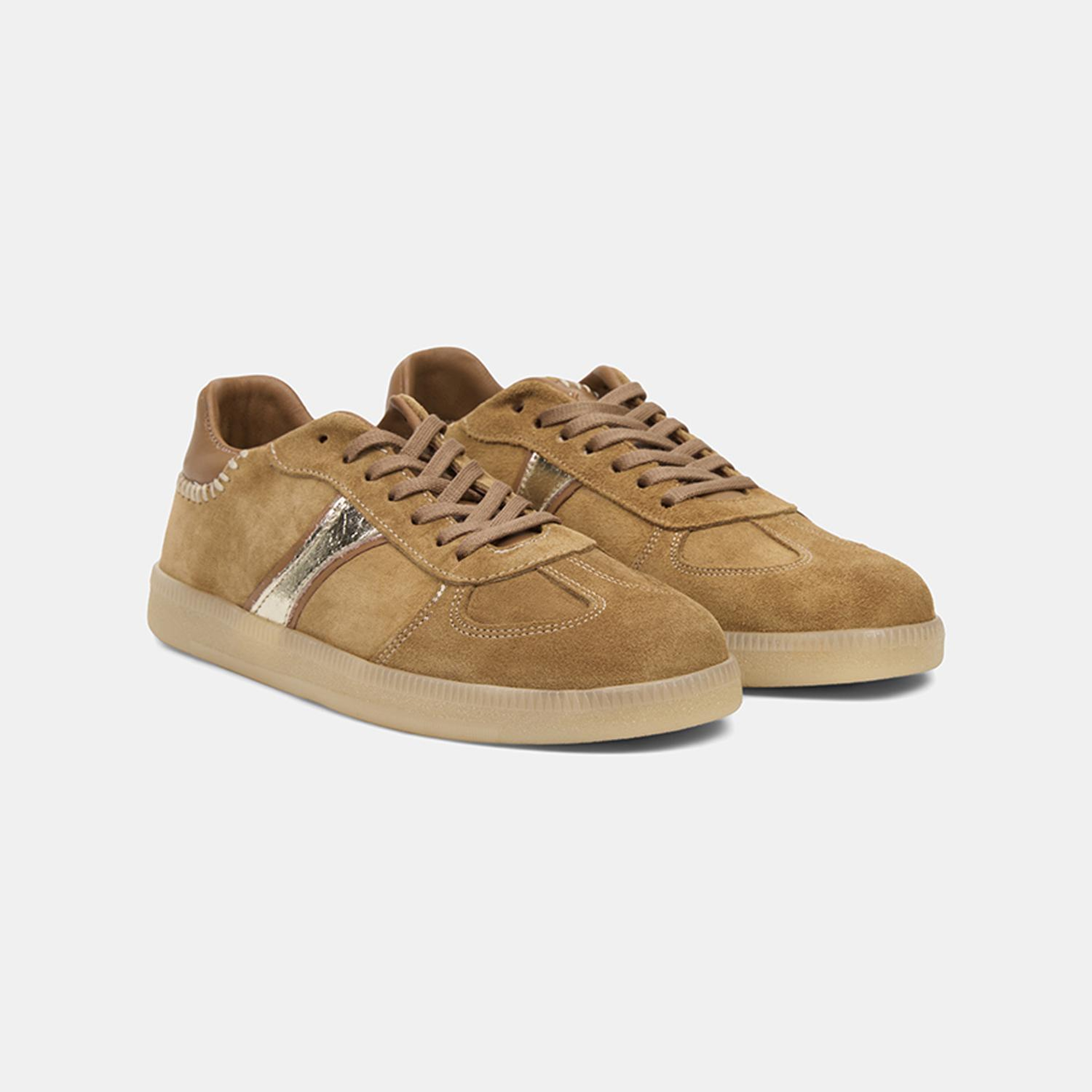 Kadın Camel Bağcıklı Metalik Şerit Detaylı Süet Sneaker