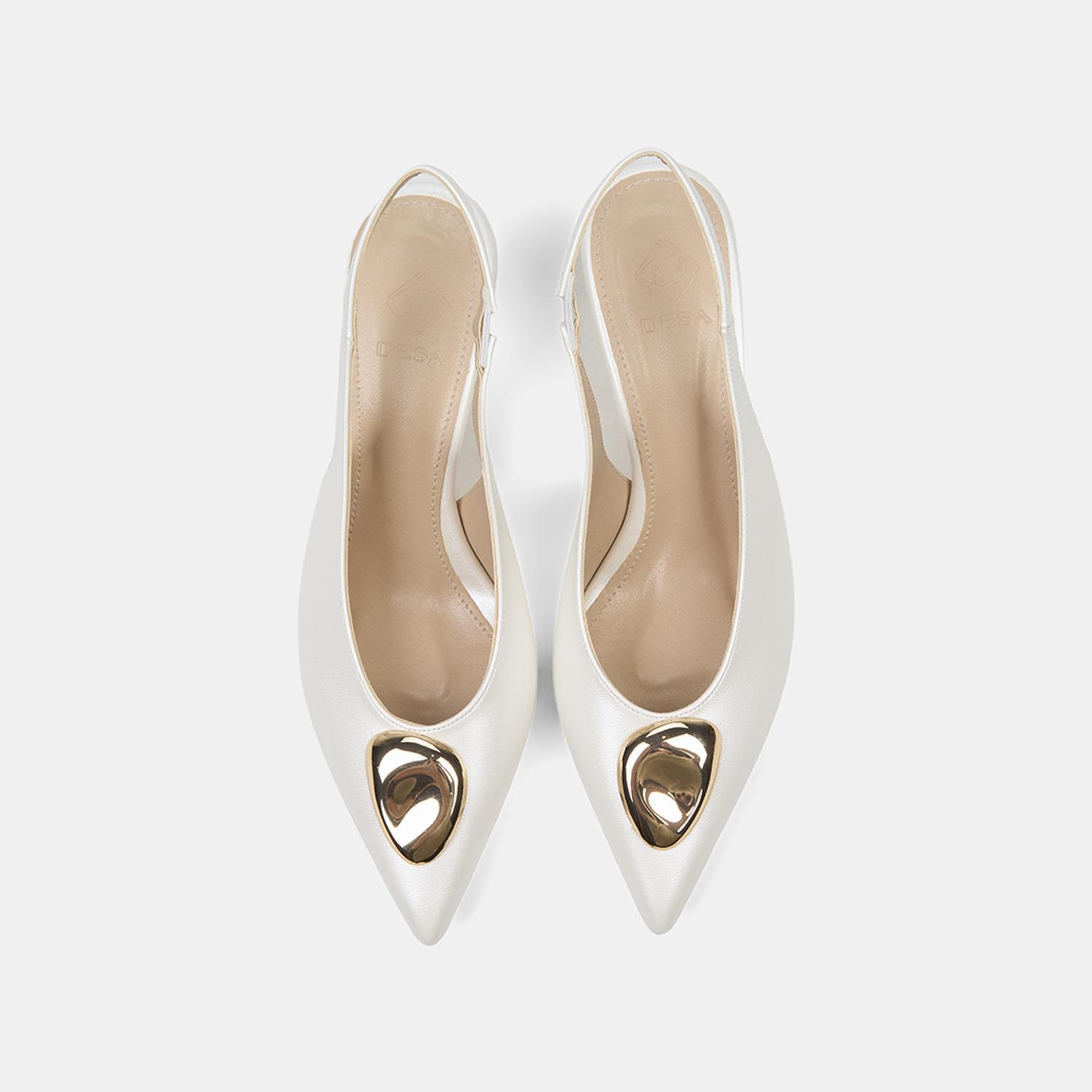 Kadın Beyaz Gold Tokalı Sivri Burun Topuklu Gelin Ayakkabısı